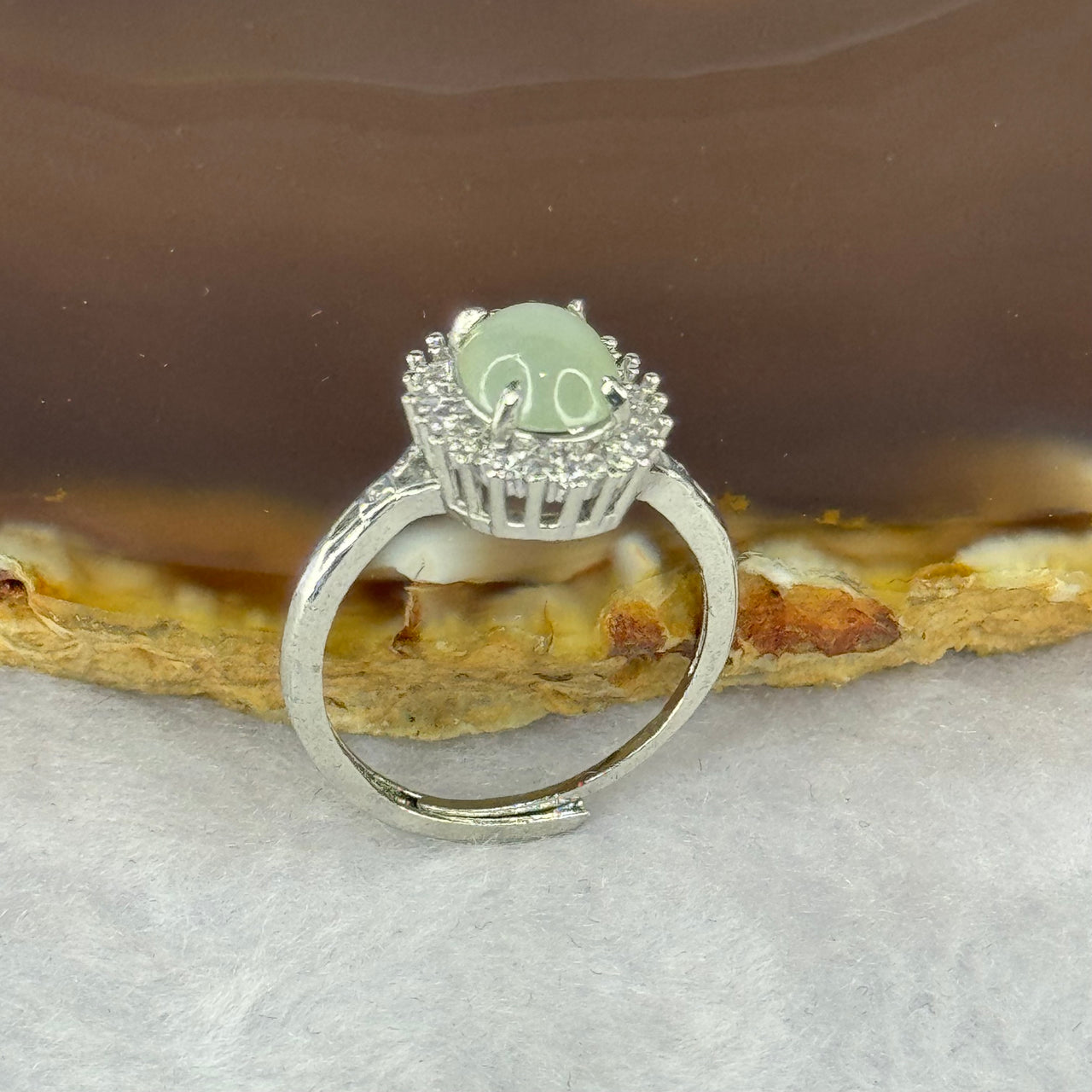 Type A ICY Faint Green Jadeite with Crystals in S925 Sliver Ring (Adjustable Size) 2.40g 8.5 by 7.0 by 4.2mm - Huangs Jadeite and Jewelry Pte Ltd