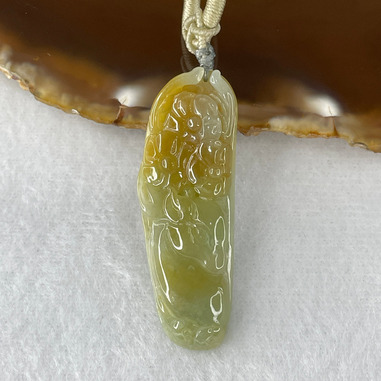 Certified Natural Type A Light Green & Brownish-Yellow Jadeite Deer with Flower Pendant | Masterpiece Hand-Carved Myanmar Feicui | Supreme Career Status, Longevity & Wealth Amulet (11.35g | 44.8x16.3x7.2mm)