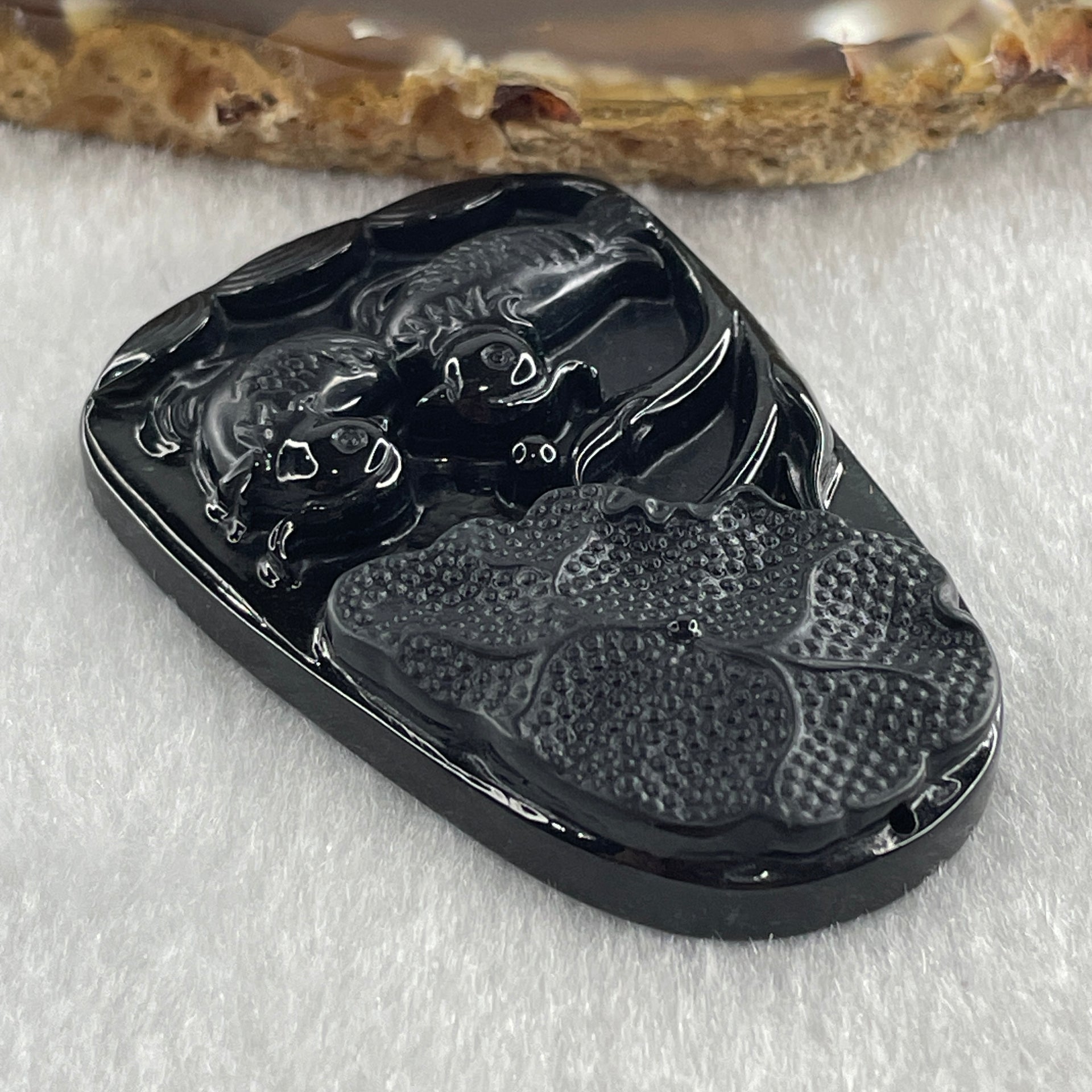 Type A Opaque to Partial Translucent Black Omphacite Jadeite Mandarin Ducks Pair and Lotus Leaf Pendant 20.70g 51.7 by 33.7 by 8.6mm - Huangs Jadeite and Jewelry Pte Ltd