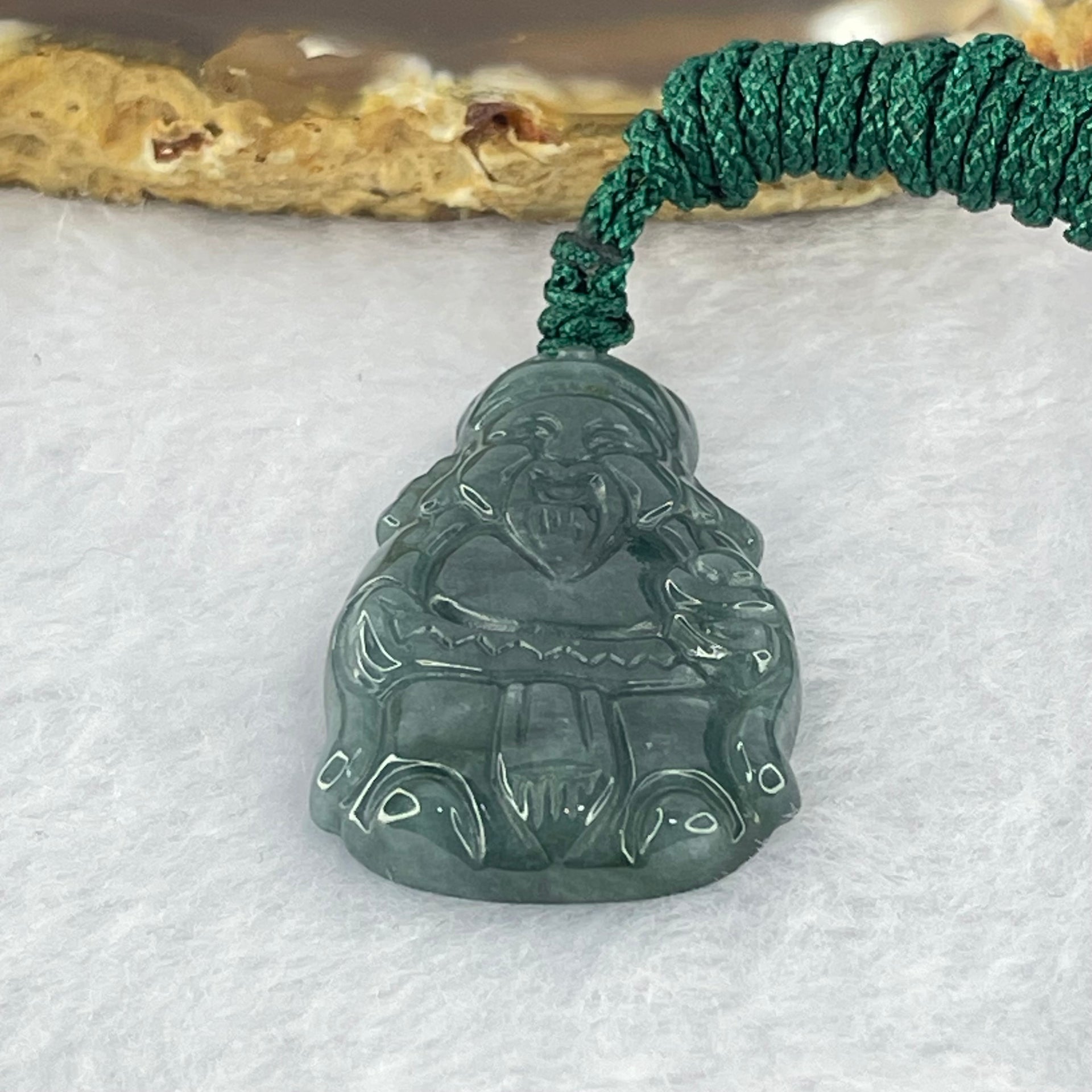 Type A Dark Blueish Green Jadeite Cai Shen Ye God of Fortune Pendant 8.37g 34.2 by 21.6 by 5.0mm - Huangs Jadeite and Jewelry Pte Ltd