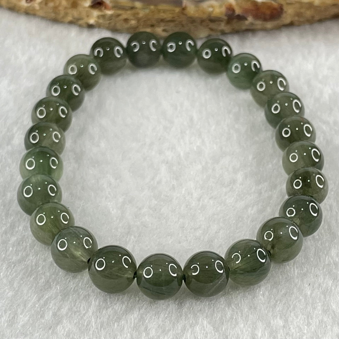 Good Grade Natural Cats Eye Green Rutilated Quartz Beads Bracelet 15.06g 15.5cm 7.8mm 24 Beads - Huangs Jadeite and Jewelry Pte Ltd