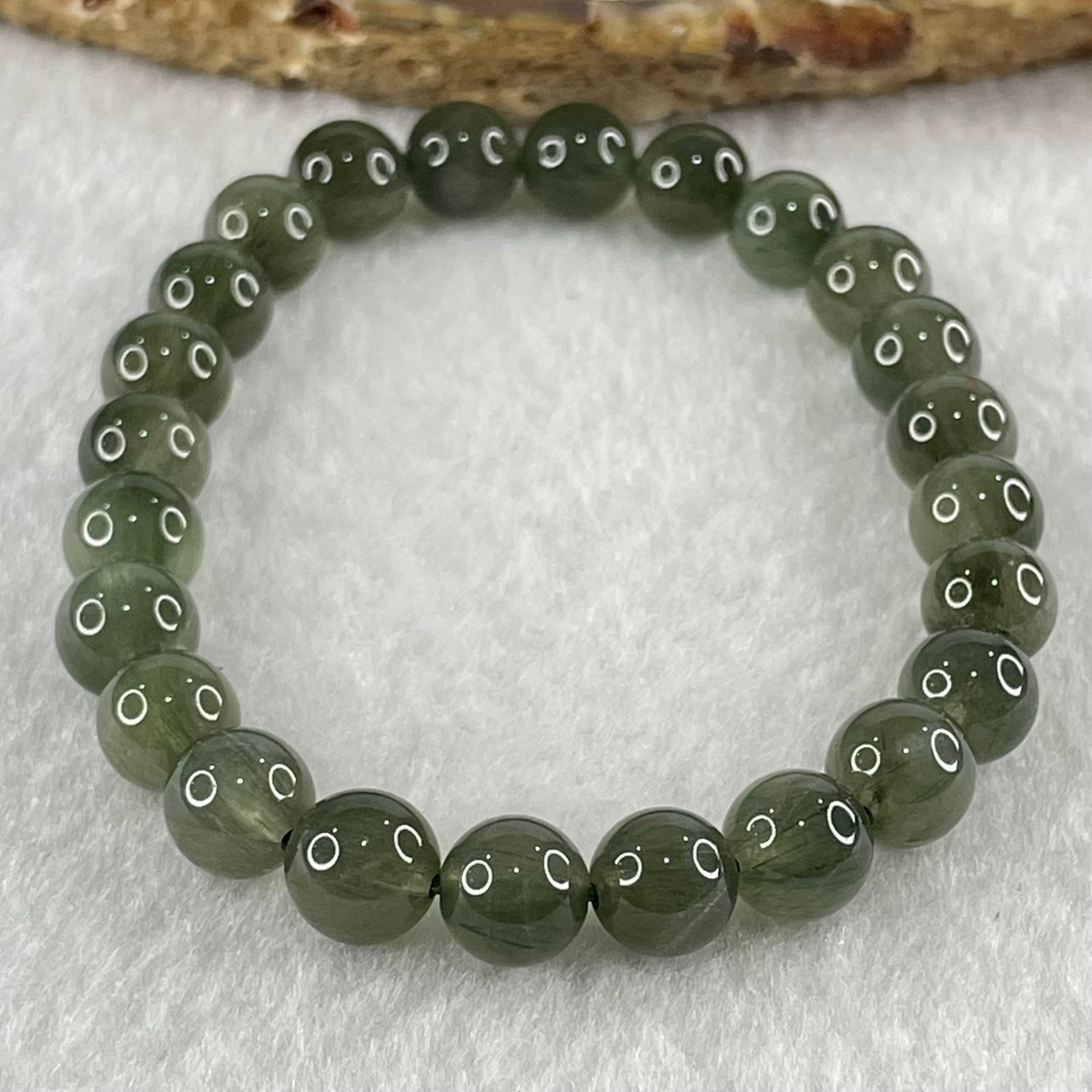 Good Grade Natural Cats Eye Green Rutilated Quartz Beads Bracelet 15.06g 15.5cm 7.8mm 24 Beads - Huangs Jadeite and Jewelry Pte Ltd