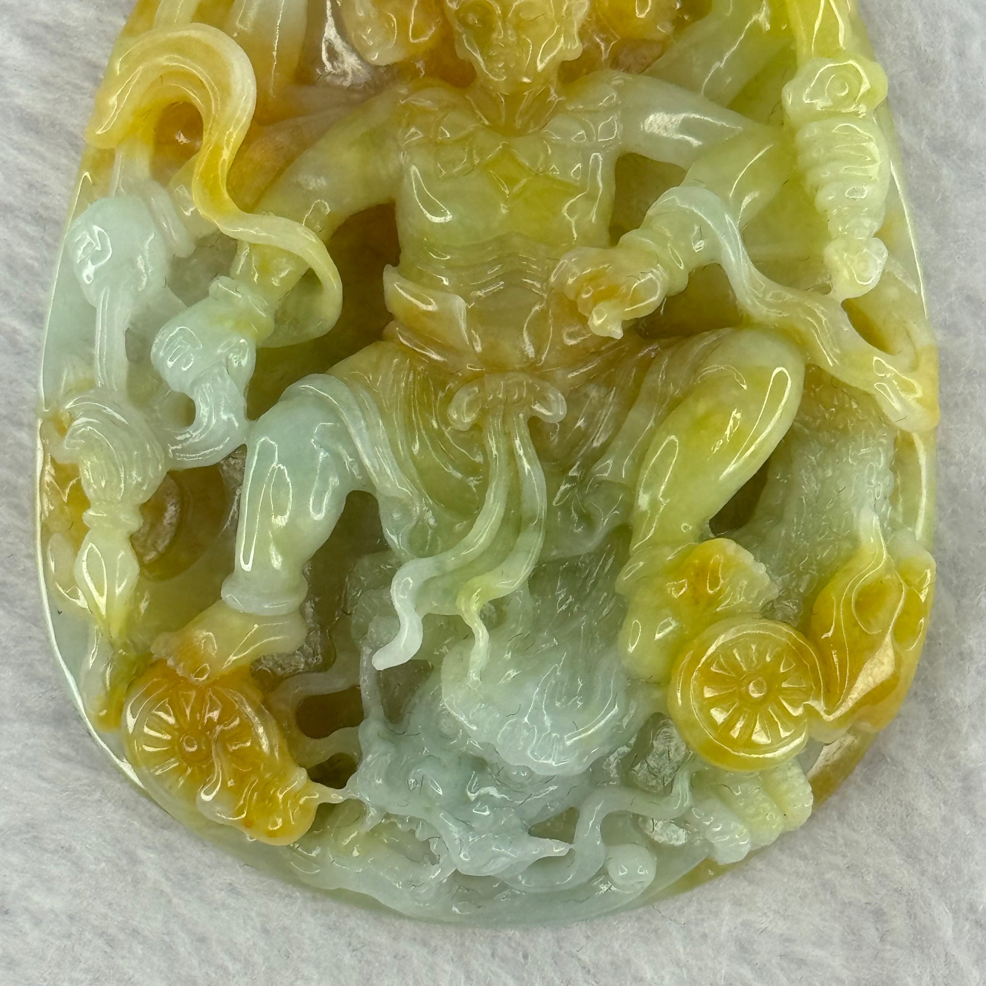 Rare Grand Master Type A 4 Colours Yellow Lavender Green Red Jadeite Neza on Dragon A货大师四彩翡翠哪咋三太子牌 70.66g 71.8 by 48.6 by 11.8mm with Wooden Stand - Huangs Jadeite and Jewelry Pte Ltd