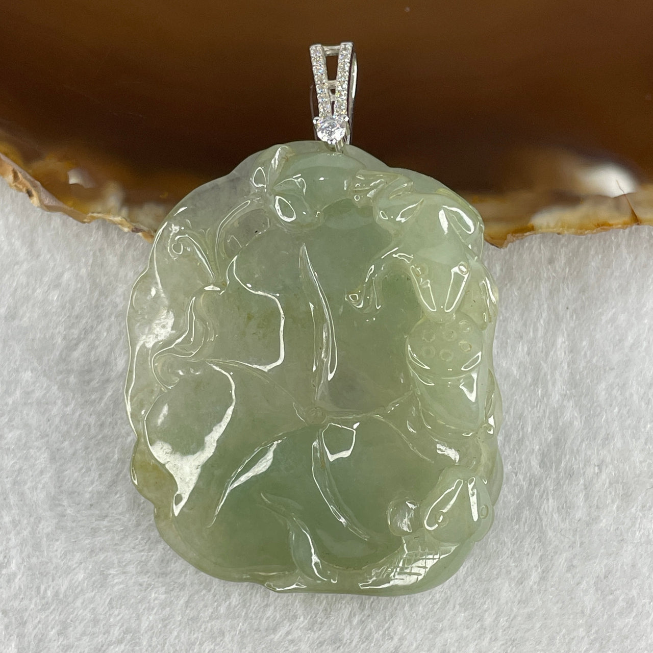 Natural Type Semi Icy A Light Green Jadeite Frog and Fish on Lotus Leaf Pendant in SS925 Silver with Cubic Zirconia Clasp 33.15g 47.9 by 39.6 by 13.1mm