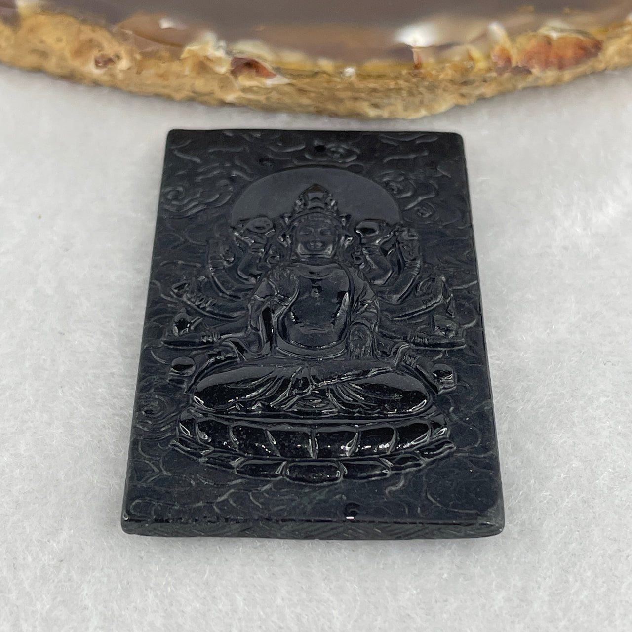 Certified Type A Opaque Black Omphacite Jadeite Thousand-Hand Guan Yin with Jade Emperor Pendant | 51.4mm Natural Black Jade Infinite Mercy & Celestial Authority Talisman (21.73g | 51.4 x 32.1 x 5.9mm)