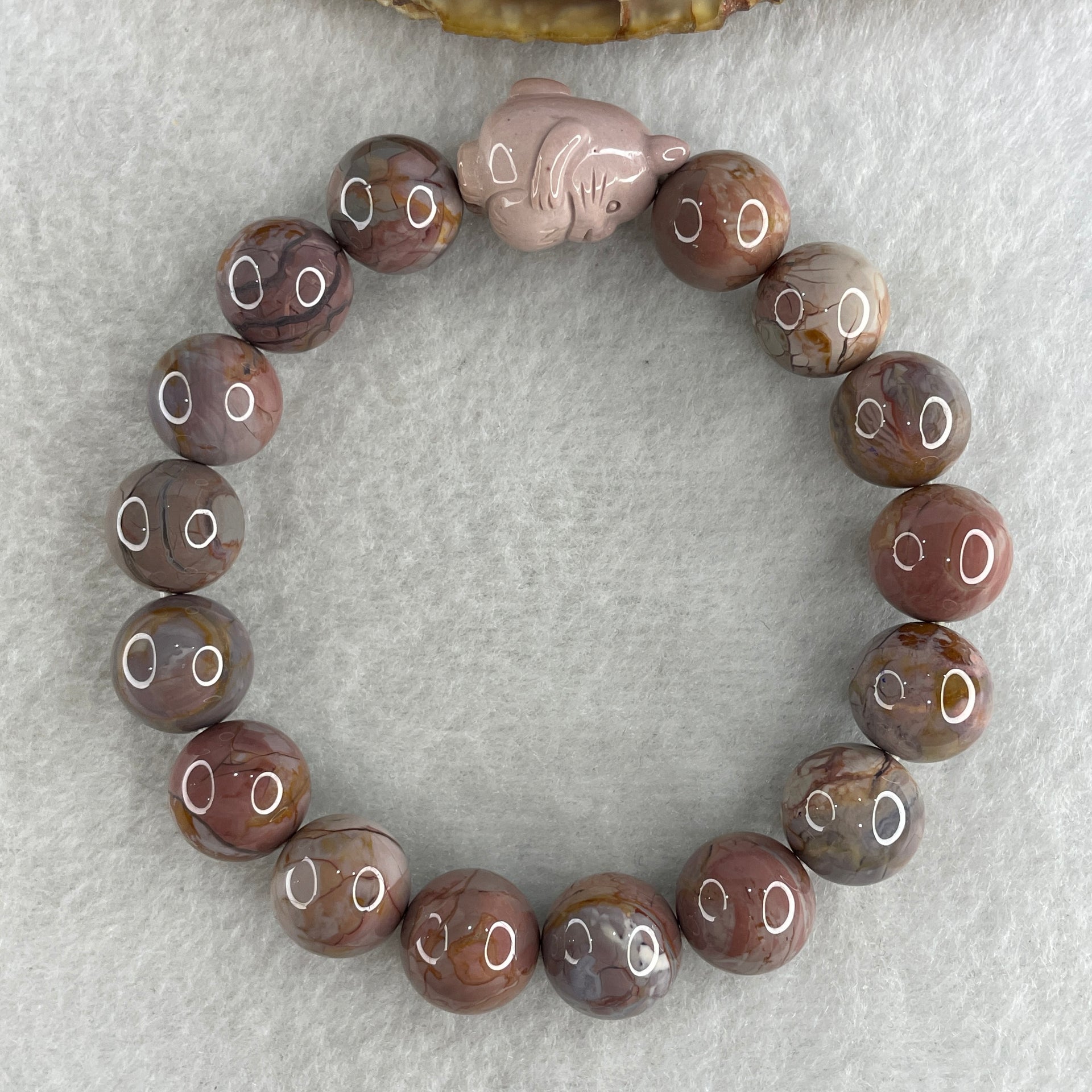 Natural Alashan Agate Greyish Pink Beads with Rat Charm Bracelet 39.00g 16.5cm 11.8mm 16Beads - Huangs Jadeite and Jewelry Pte Ltd