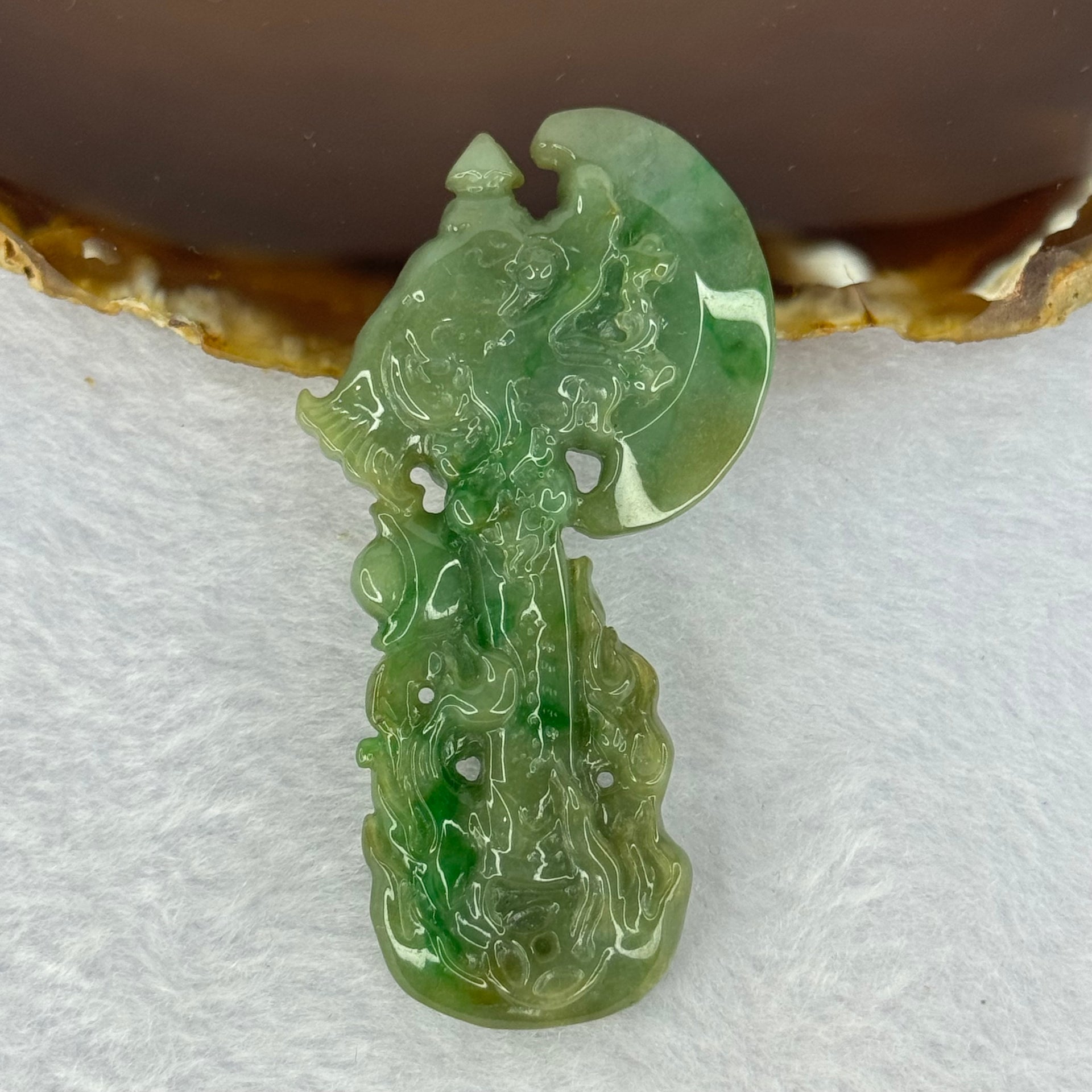 Type A Green Jadeite Dragon Axe with Ingot Pendent 36.64g 69.6 by 36.6 by 11.4mm - Huangs Jadeite and Jewelry Pte Ltd