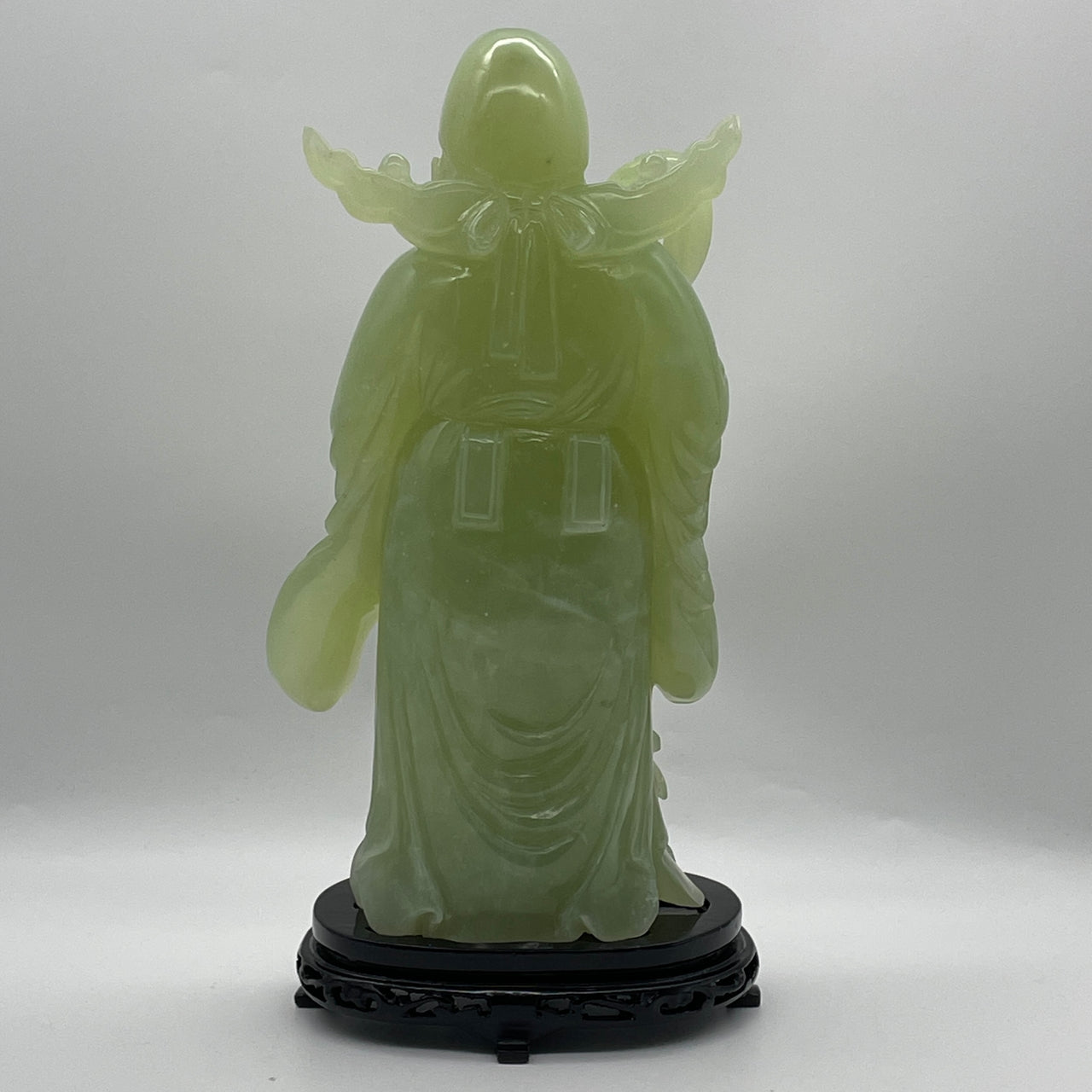 Natural Green Serpentine Cai Shen Ye God of Fortune with Ruyi on Wooden Stand Display 4,008.8g 160.0 by 120.0 by 330.0mm