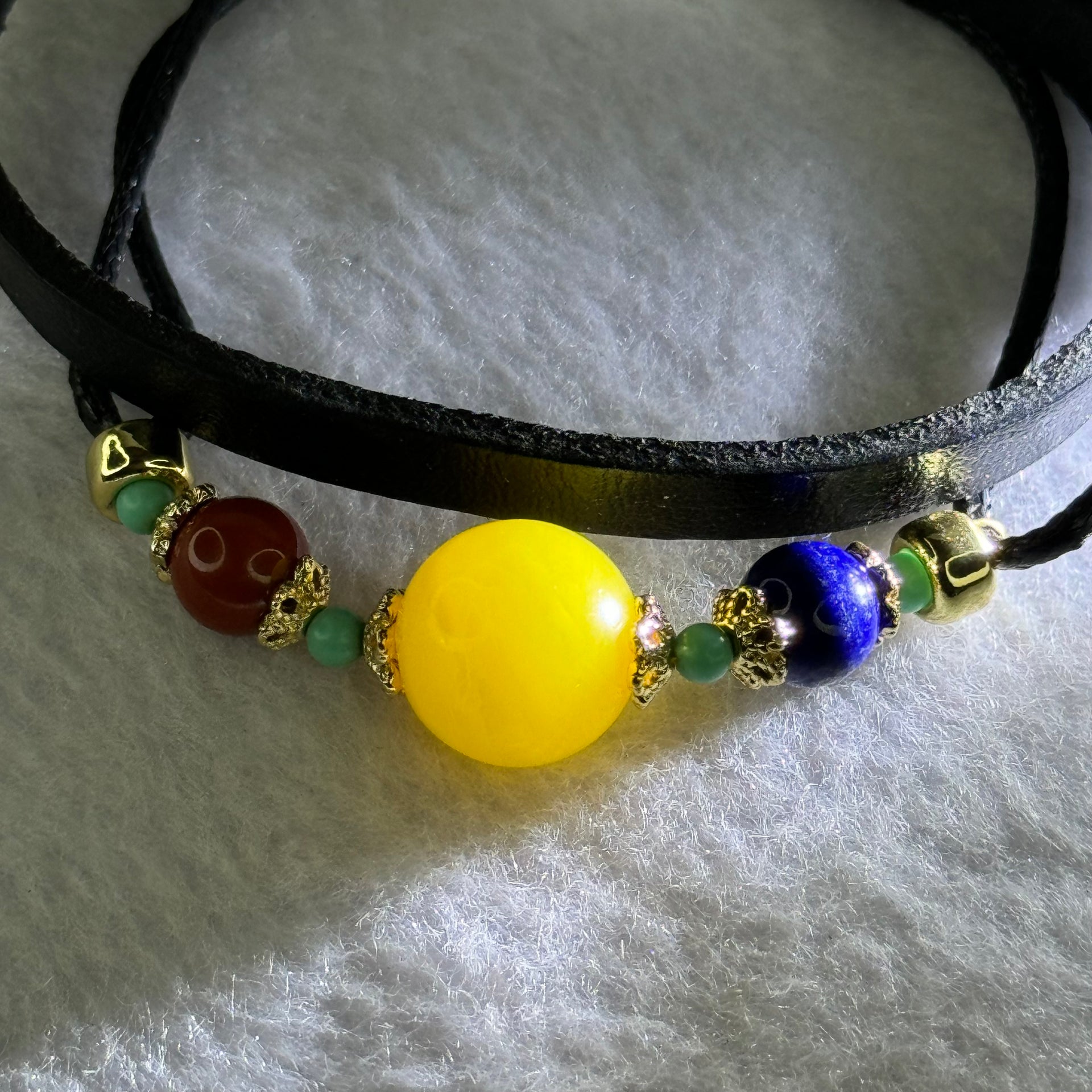 Natural Butterscotch Amber with Red Cinnabar, Lapis Lazuli and Turquoise Beads Leather Bracelet 11.92g 15cm 13.0mm - Huangs Jadeite and Jewelry Pte Ltd