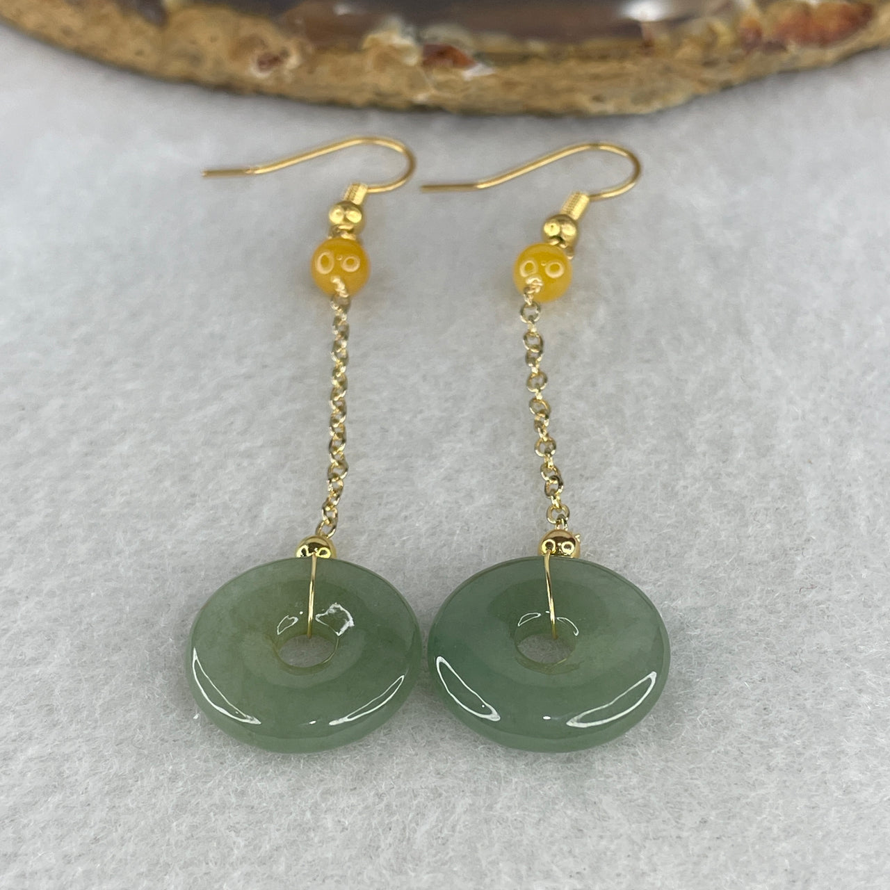 Natural Type A Blueish Green Jadeite Ping An Kou Donut Earrings | Gold Color Dangling Drop Jewelry (4.64g, 16.1mm)