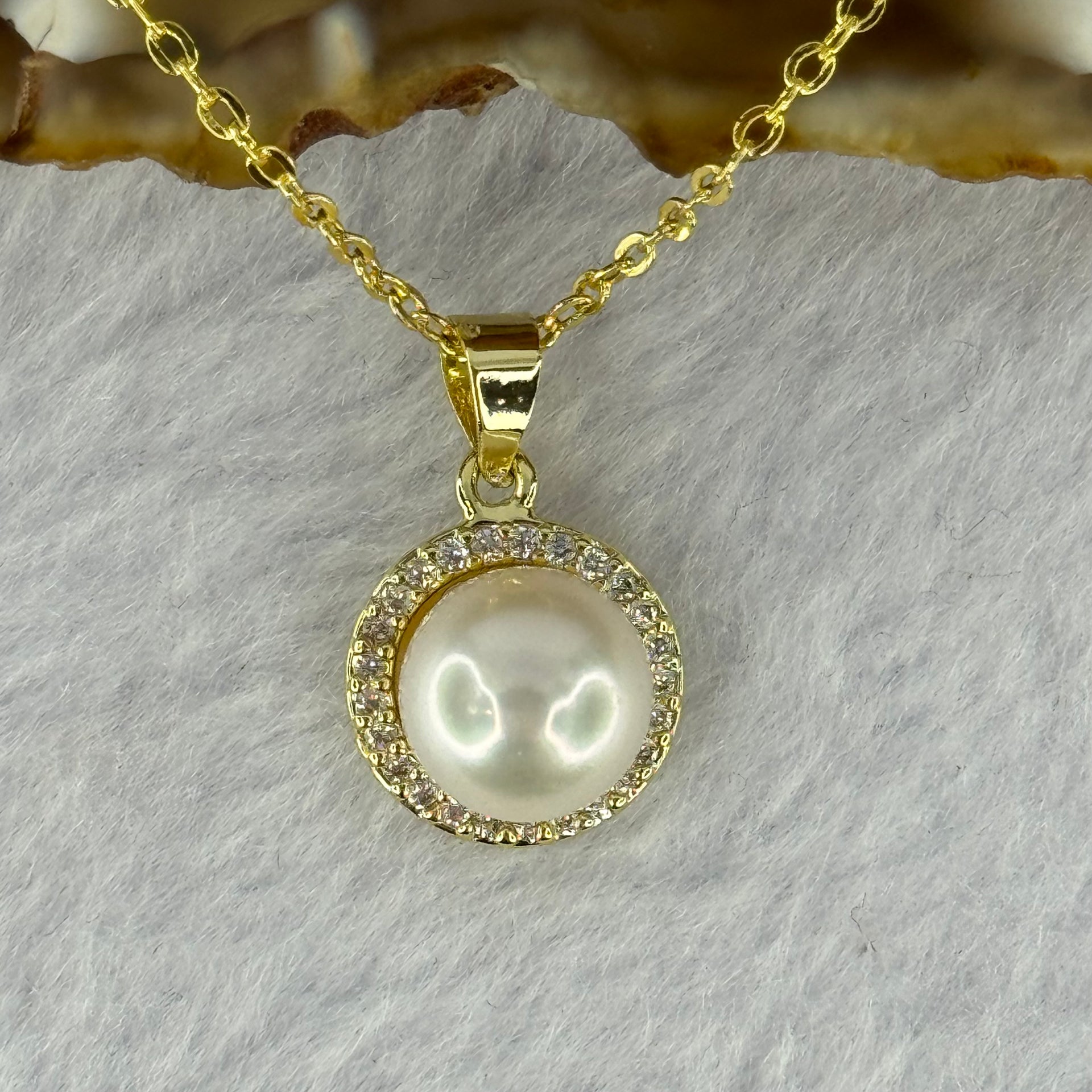 Natural Pearl in Sliver Gold Color Necklace 太阳珍珠项链 3.13g 8.4mm - Huangs Jadeite and Jewelry Pte Ltd