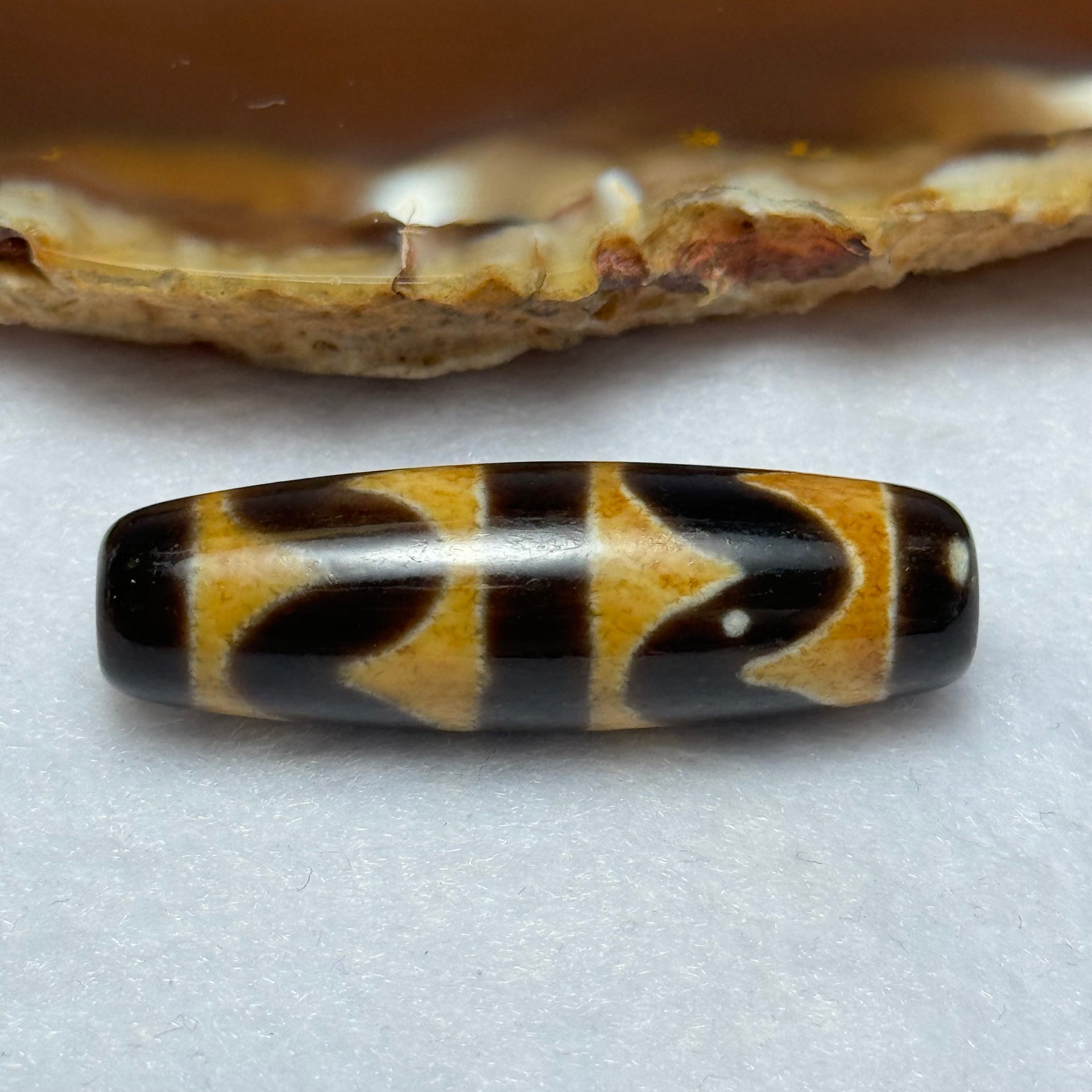 Natural Powerful Tibetan Old Oily Agate Double Tiger Tooth Daluo Dzi Bead Heavenly Master (Tian Zhu) 虎呀天诛 7.82g 37.7 by 11.7mm - Huangs Jadeite and Jewelry Pte Ltd