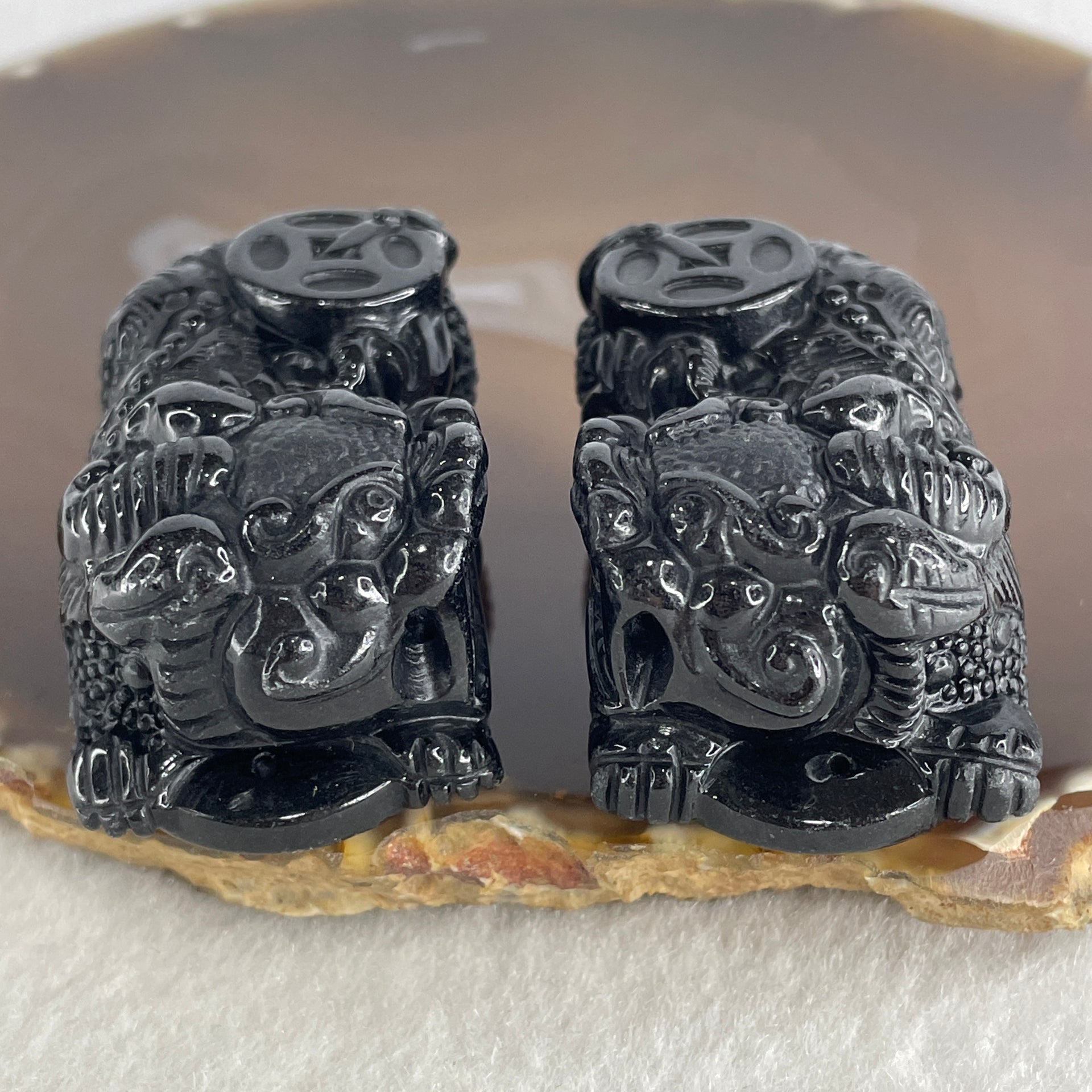 Certified Natural Type A Black Omphacite Jadeite Pixiu pair Pendant Each About 63.02g 51.2 by 29.4 by 21.0mm And 64.42g 48.5 by 28.1 by 22.7mm - Huangs Jadeite and Jewelry Pte Ltd