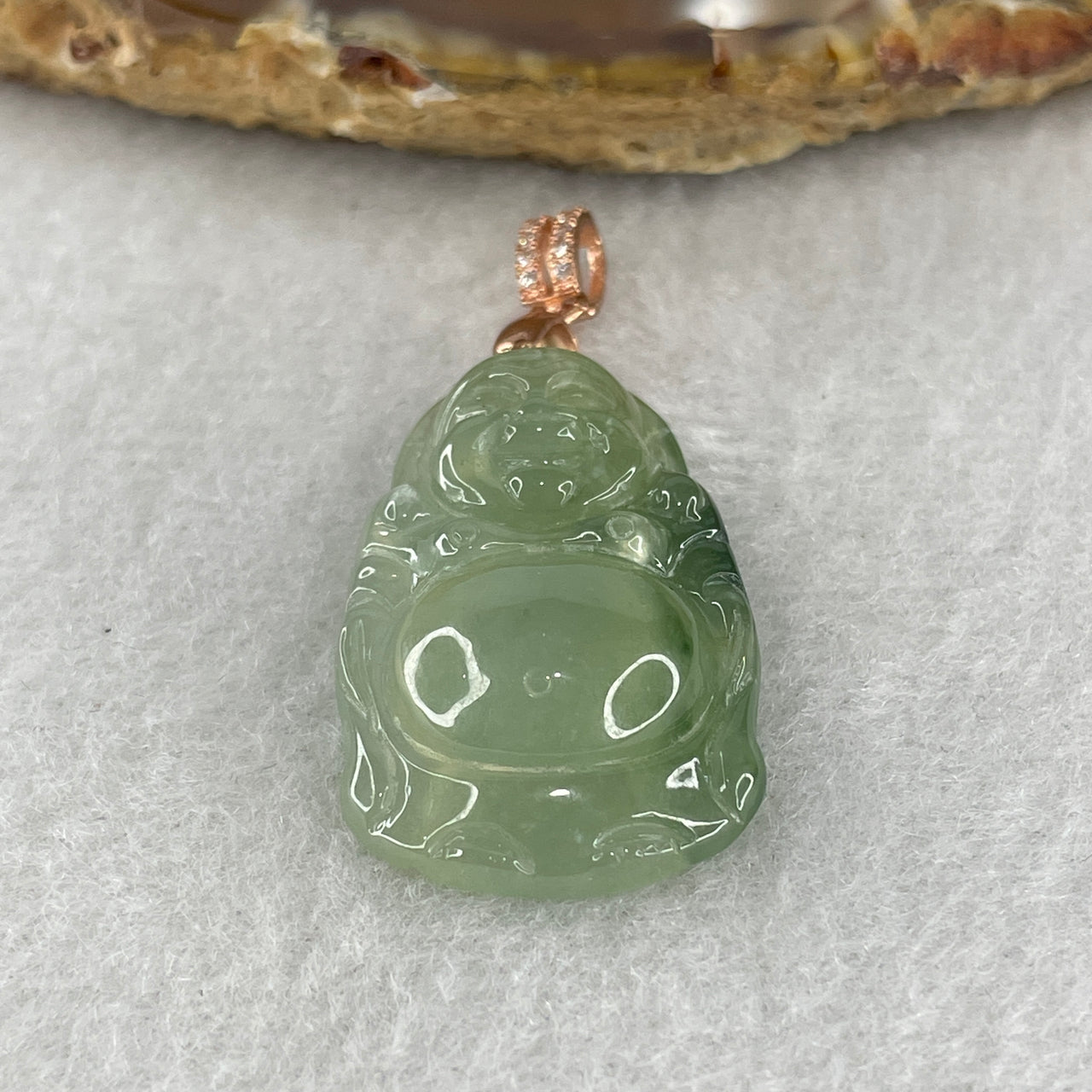 Natural Type A Icy Light Blueish Green Jadeite Milo Buddha Pendant | Rose Gold Color S925 Silver Clasp Laughing Buddha (6.55g)