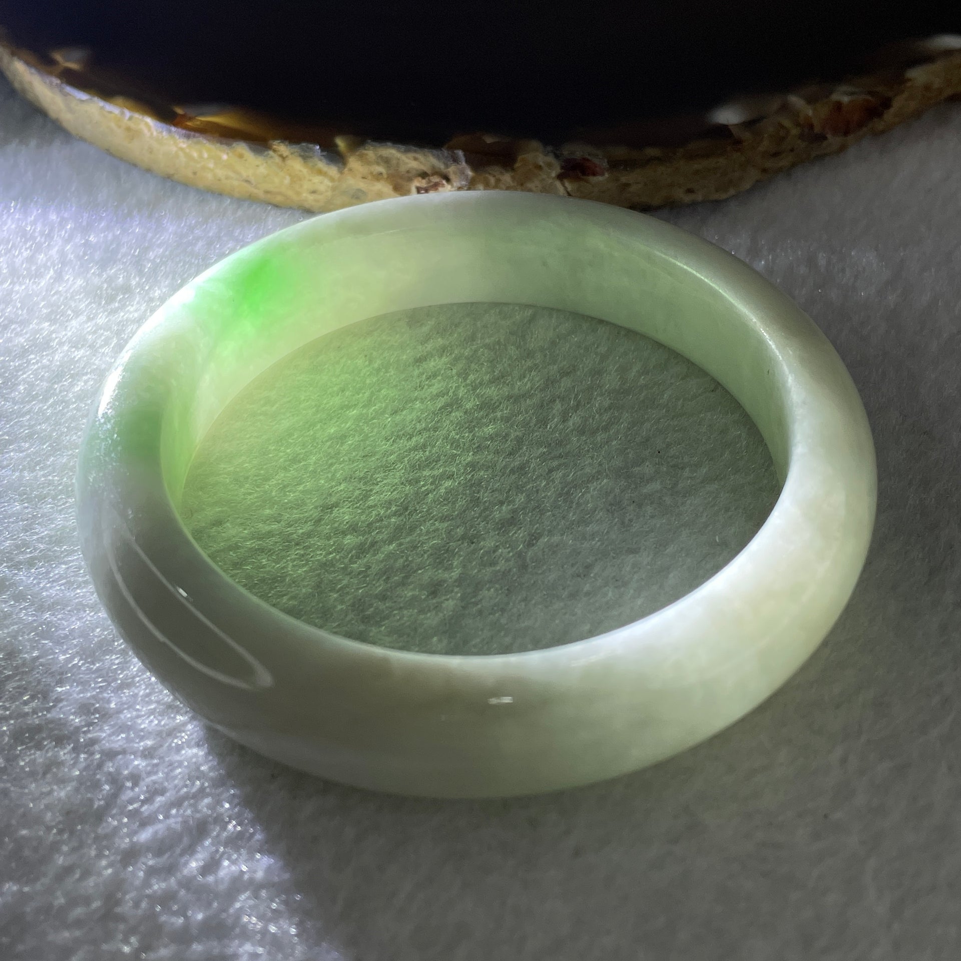 Type A Light Green with Spicy Green Patches Jade Jadeite Bangle 52.23g inner Dia 55.7mm 12.3 by 8.5mm (External Line) - Huangs Jadeite and Jewelry Pte Ltd