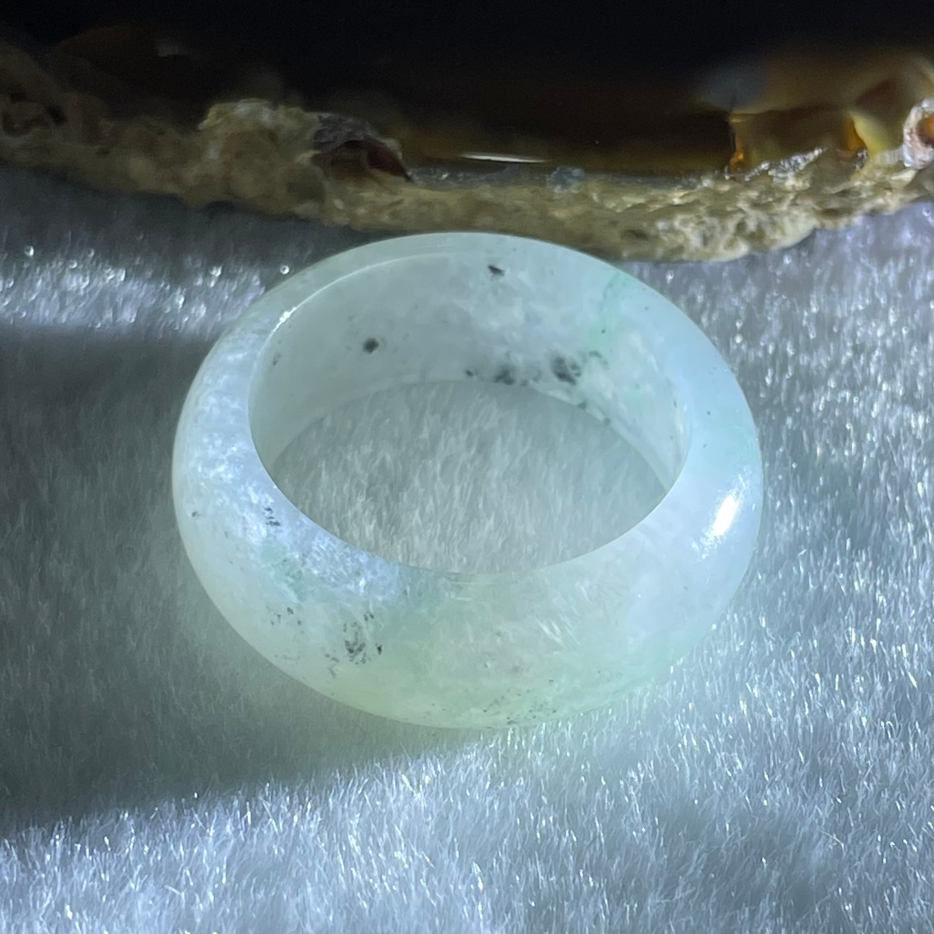 Type A Faint Lavender Green Close to White with Wuji Black Grey Patches Jadeite Ring 5.56g 8.5 by 3.6mm US9.2 HK20.5 - Huangs Jadeite and Jewelry Pte Ltd