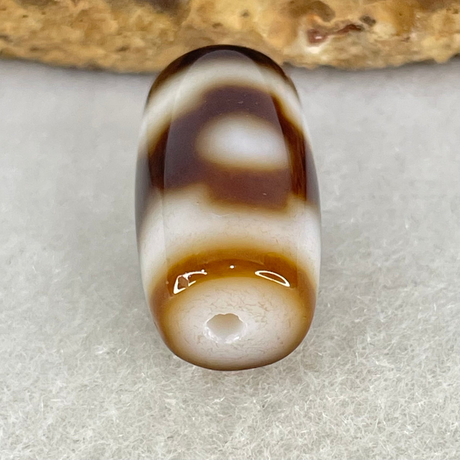 Natural Powerful Tibetan Old Oily Dark Brown With White Agate 3 Eyes Dzi Bead Heavenly Master (Tian Zhu) 三眼天诛 3.92g 19.6 by 10.8mm - Huangs Jadeite and Jewelry Pte Ltd