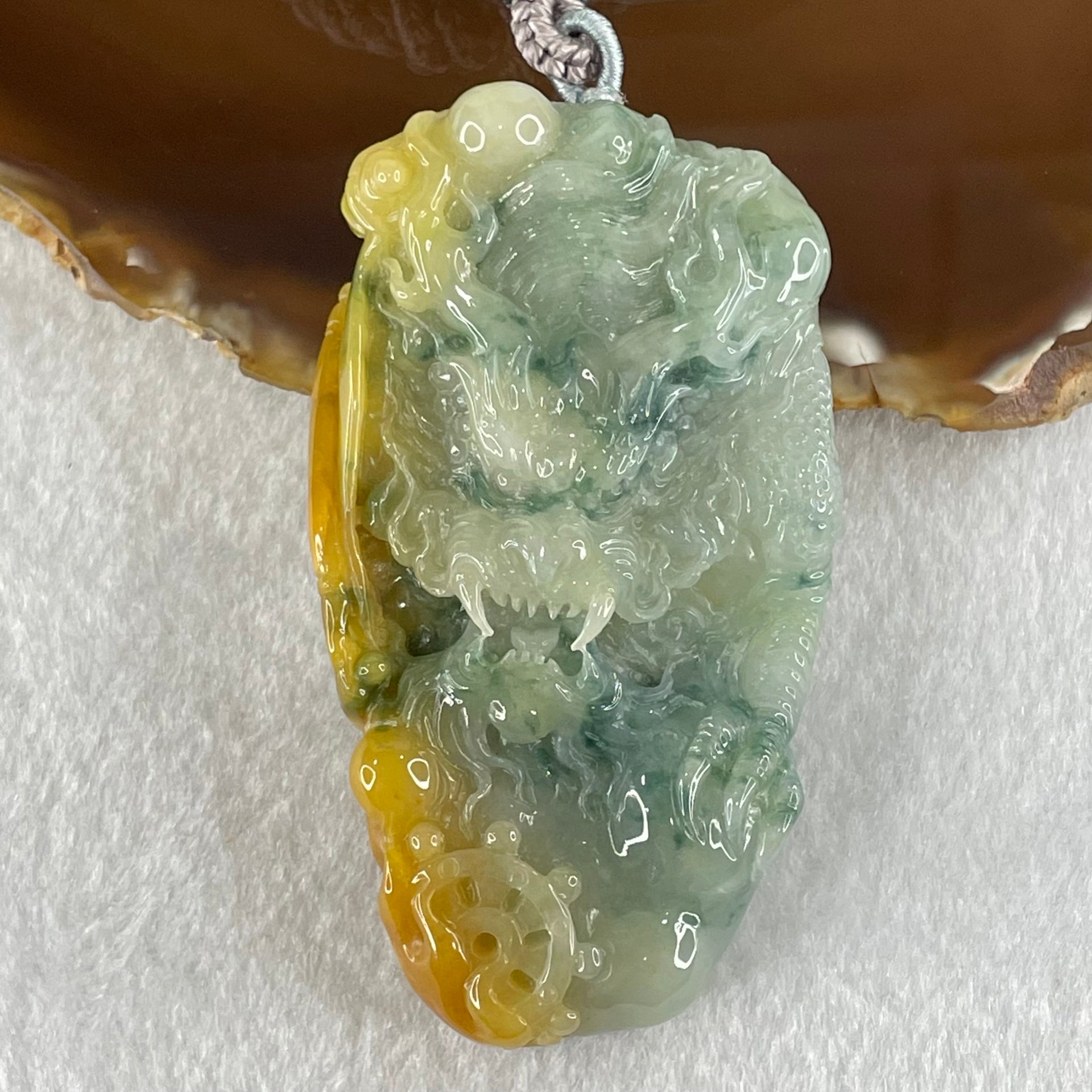 Type A Blueish Green and Yellow with Dark Blueish Green Piao Hua Jadeite Double Sided Dragon Pendant Necklace 89.28g 73.2 by 41.2 by 14.3mm - Huangs Jadeite and Jewelry Pte Ltd