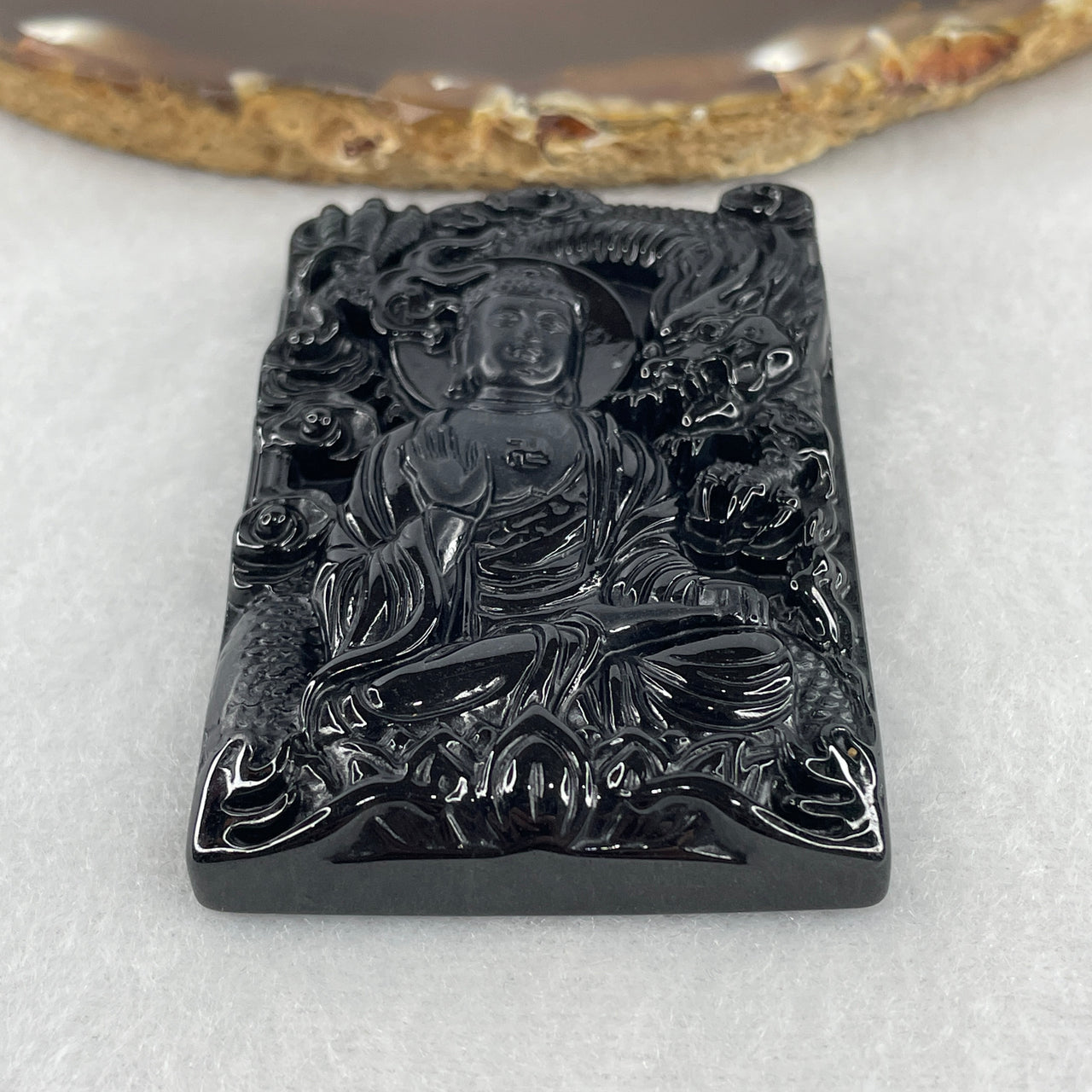 Certified Type A Opaque Black Omphacite Jadeite Amitabha Buddha on Dragon Pendant | Infinite Light & Celestial Dragon Protection Talisman (40.36g | 61.4 x 41.4 x 9.8mm)