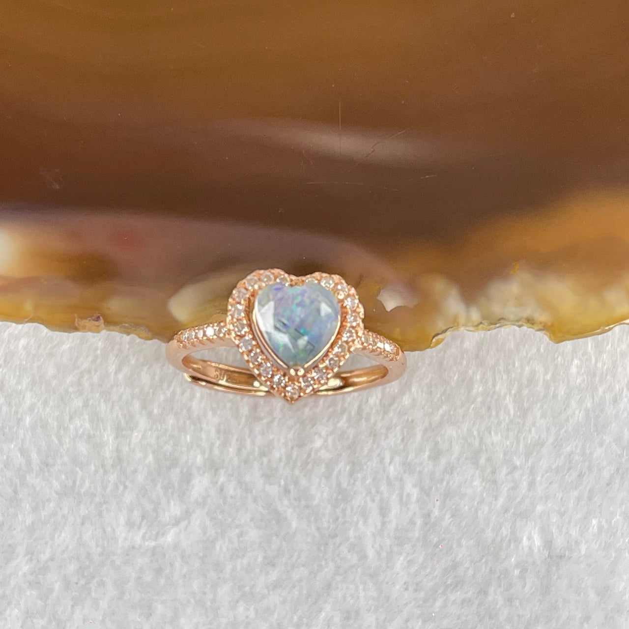 Natural Blue Opal with Crystals In S925 Sliver Rose Gold Color Ring (Adjustable Size) 2.21g 5.1 by 6.2 by 2.5mm - Huangs Jadeite and Jewelry Pte Ltd