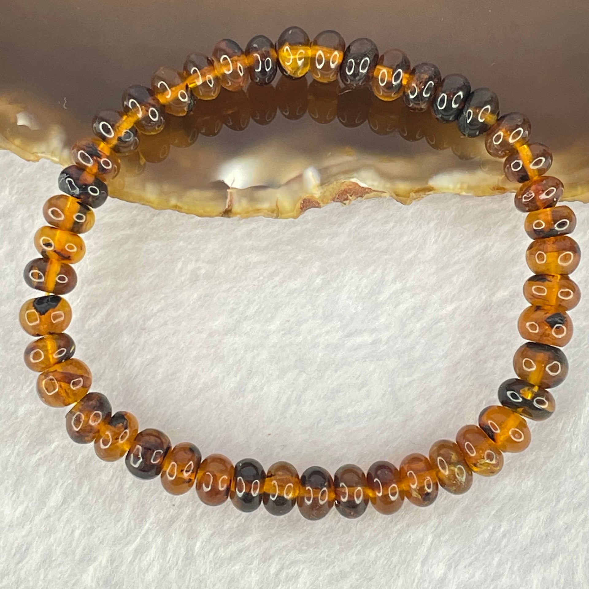 Natural Dark Brownish Yellow Medicine Amber Beads Bracelet 天然抚顺药珀手链 4.39g 15.5cm 6.8mm 44 Beads - Huangs Jadeite and Jewelry Pte Ltd
