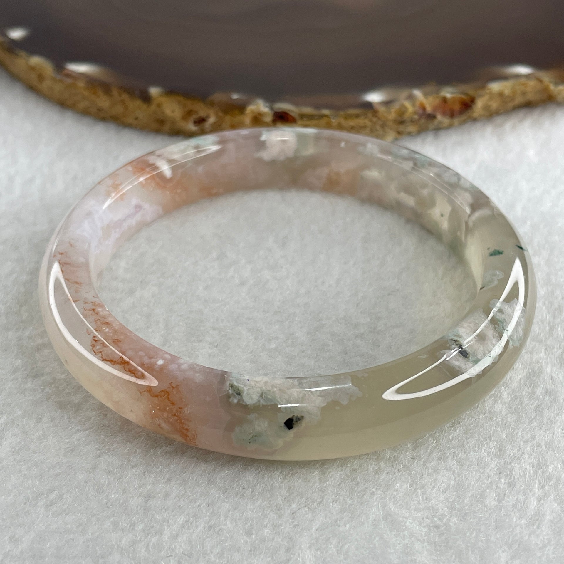 Natural Pinkish with White Flower Agate Bangle 43.81g Internal Diameter 60.5mm 11.3 by 8.8mm (Perfect) - Huangs Jadeite and Jewelry Pte Ltd