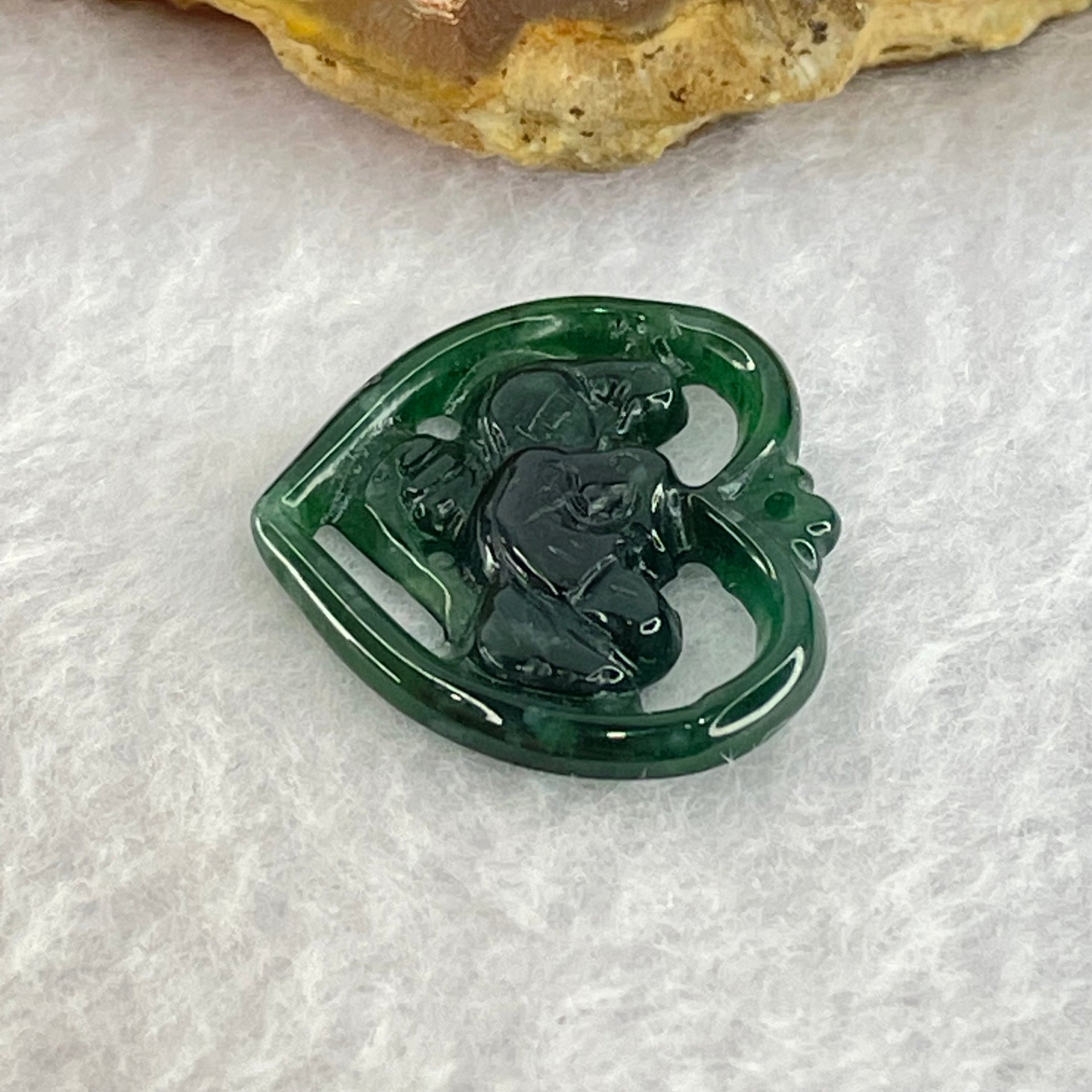 Type A Dark Blueish Green Jadeite Heart Shape with Twin Ducks Pendant for Better Relationship and Love 2.17g 24.5 by 21.7 by 3.0mm - Huangs Jadeite and Jewelry Pte Ltd