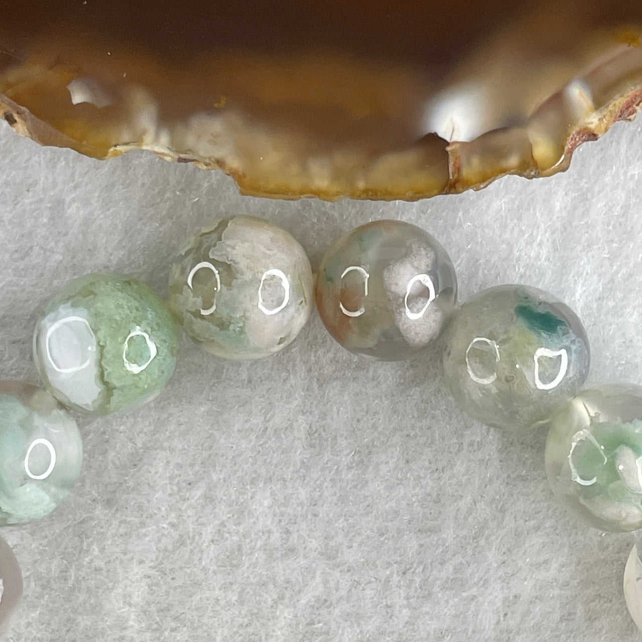 Natural Green with Pinkish Flower Agate Beads Bracelet 30.04g 16.5cm 10.8mm 19 Beads - Huangs Jadeite and Jewelry Pte Ltd