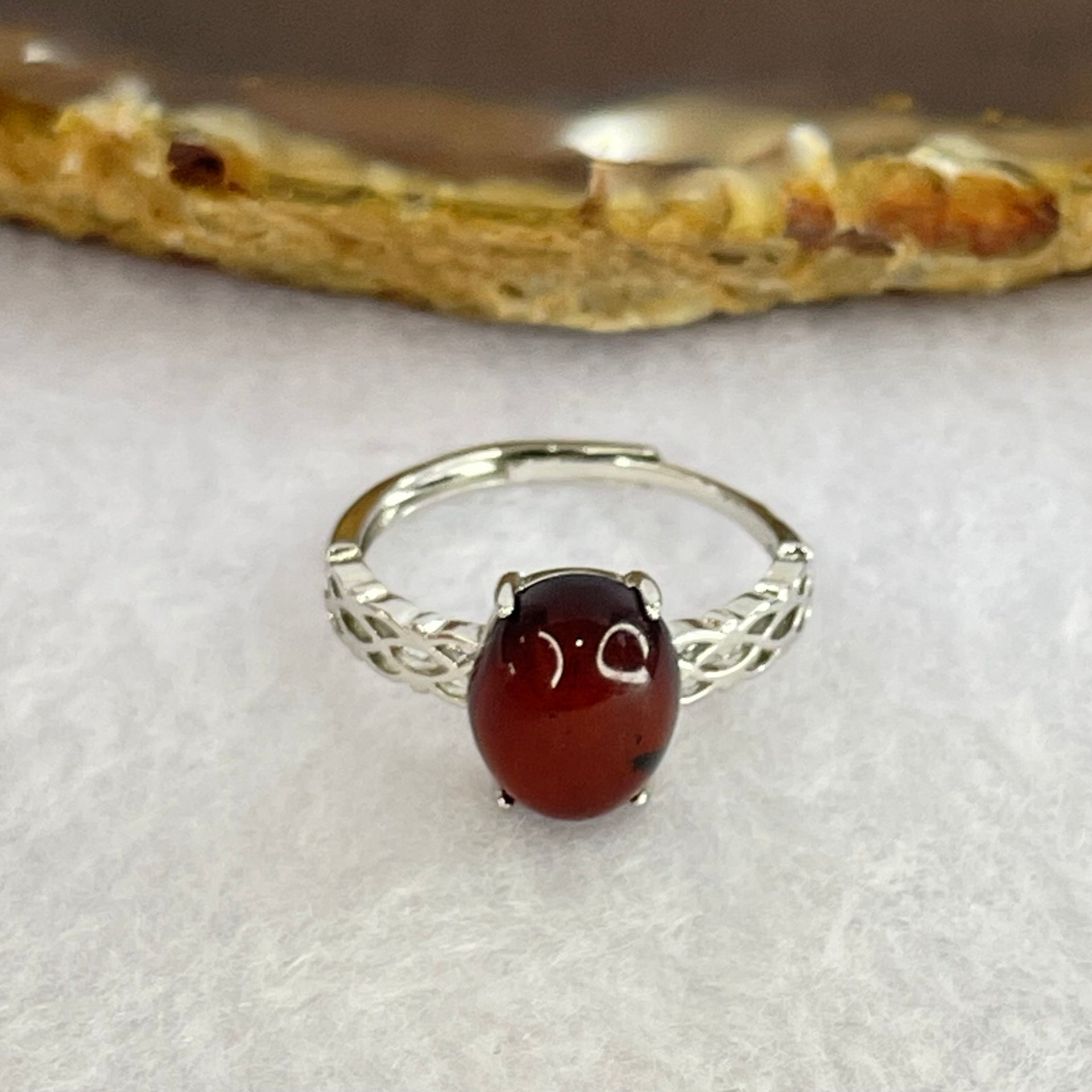 Natural Blood Red Amber in S925 Sliver Ring 1.55g 10.2 by 8.5 by 6.0mm - Huangs Jadeite and Jewelry Pte Ltd