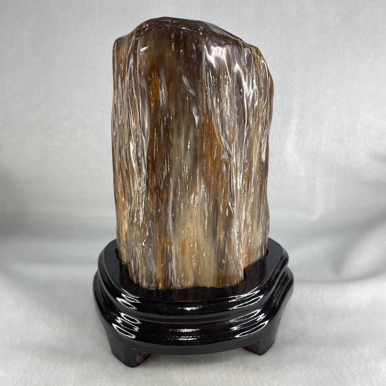Natural Fossilised Petrified Wood Tower with Wooden Stand Display 1722.7g 185.0 by 146.2 by 110.0mm - Huangs Jadeite and Jewelry Pte Ltd