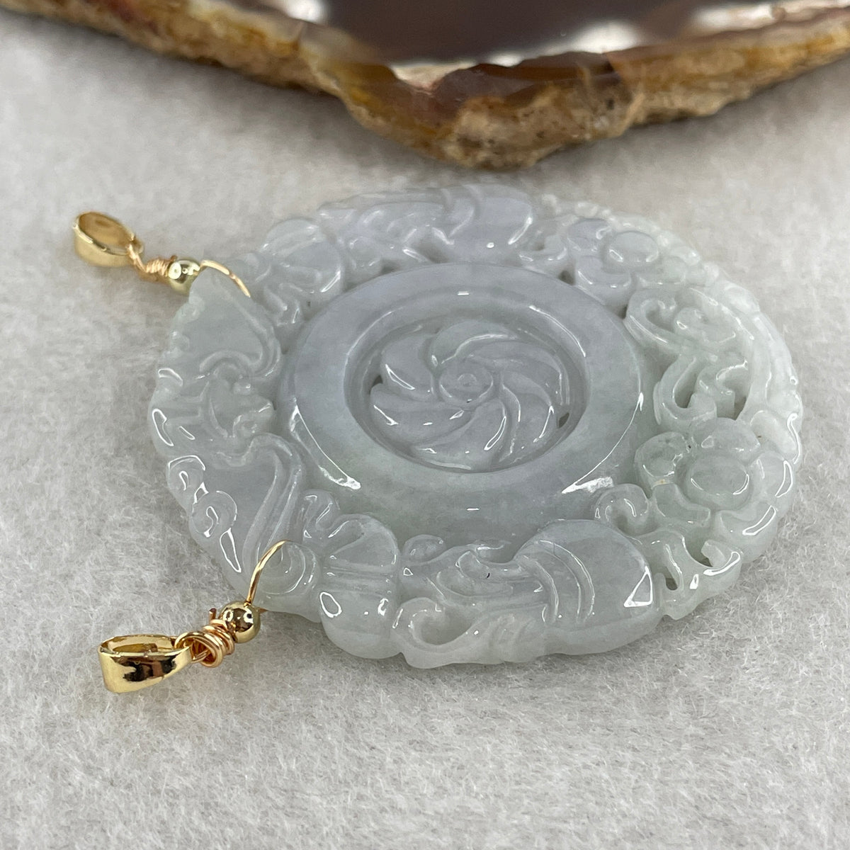 Natural Type A Green Jadeite Flower, Bat & Hulu Pendant in Intricate Hollow Carving | Blessing, Longevity & Good Fortune Talisman (19.17g | 47.4mm) - Huangs Jadeite and Jewelry Pte Ltd