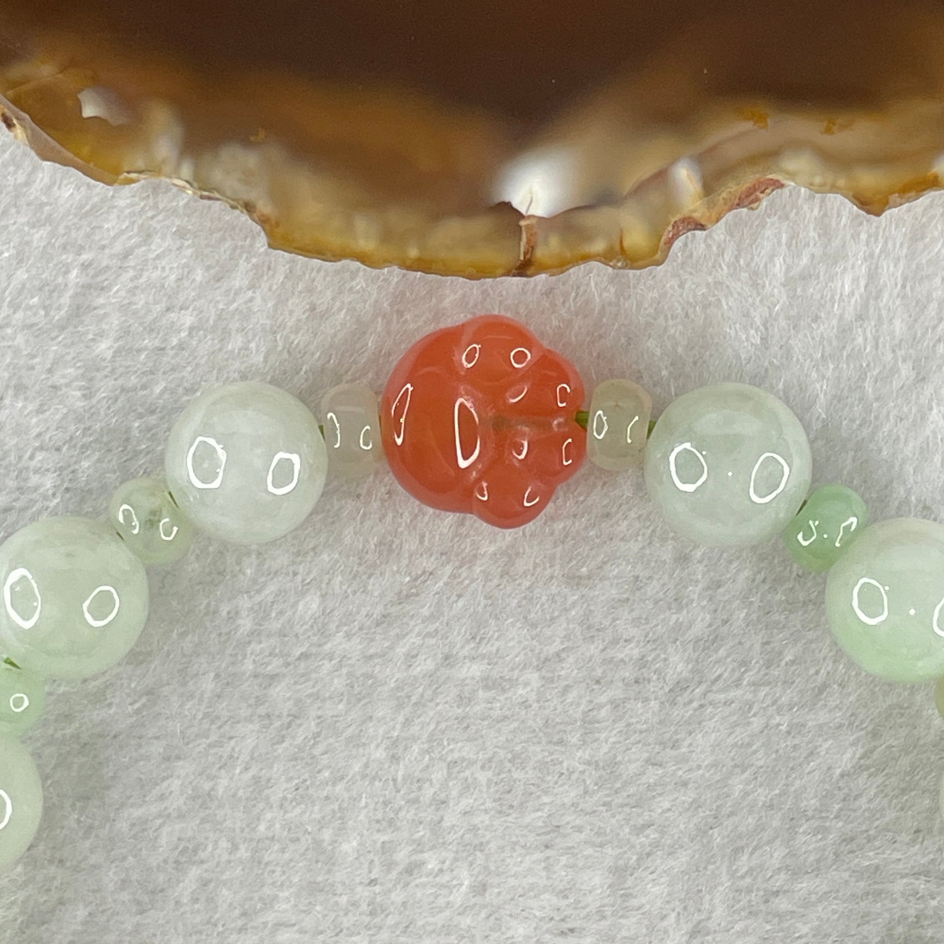 Natural Type A Light Green Jadeite Round Shape Beads with Red Agate Paw Charm Bracelet 29.33g 17cm 10.0mm 14 Beads - Huangs Jadeite and Jewelry Pte Ltd