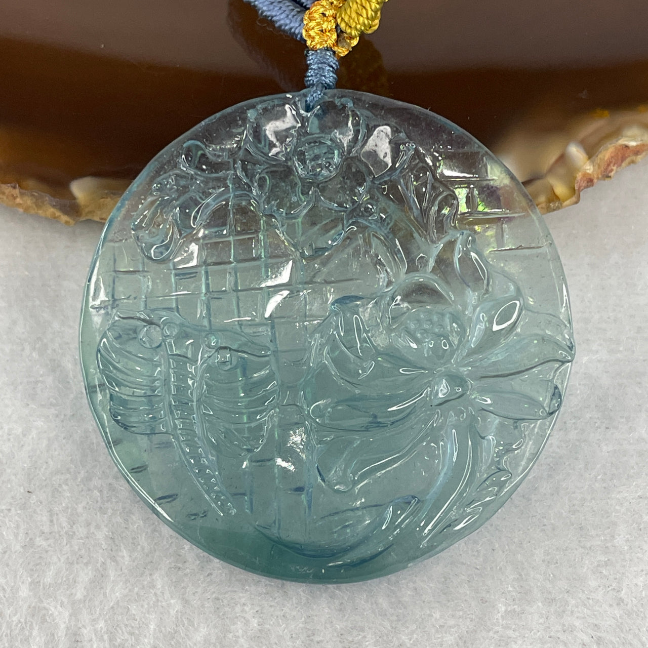 Certified Very Good Grade Natural Aquamarine Dragonfly with Lotus Flower Pendant | 48mm Carved Gemstone Amulet of Peace & Transformation (24.27g | 48.0mm x 7.1mm)