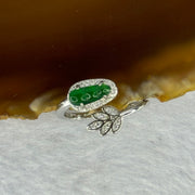 Type A Icy Green Omphasite Jadeite Peapod and Leave with Crystals in S925 Sliver Ring (Adjustable Size) 1.87g 9.1 by 4.1 by 2.5mm - Huangs Jadeite and Jewelry Pte Ltd