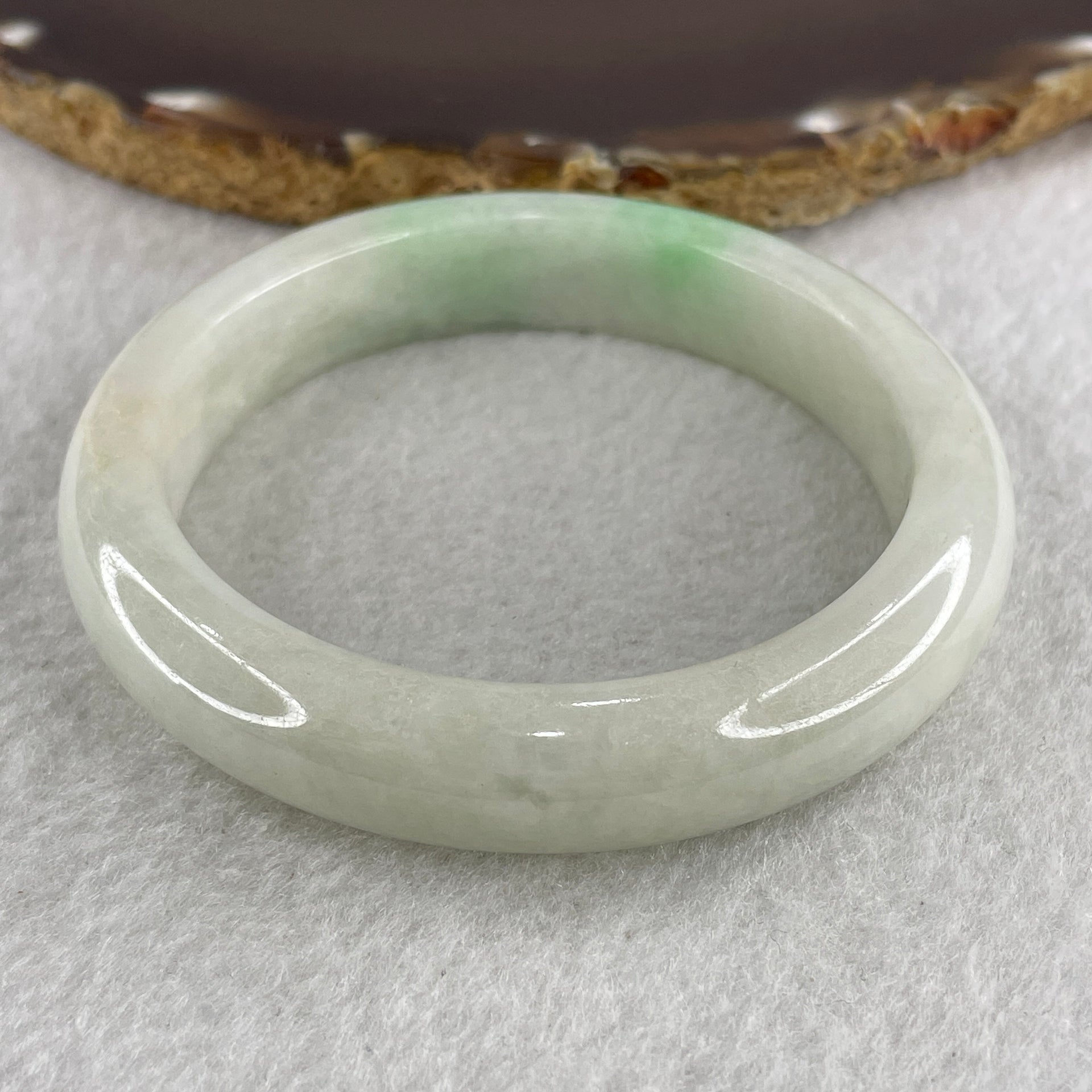 Type A Light Green with Spicy Green Patches Jade Jadeite Bangle 52.23g inner Dia 55.7mm 12.3 by 8.5mm (External Line) - Huangs Jadeite and Jewelry Pte Ltd