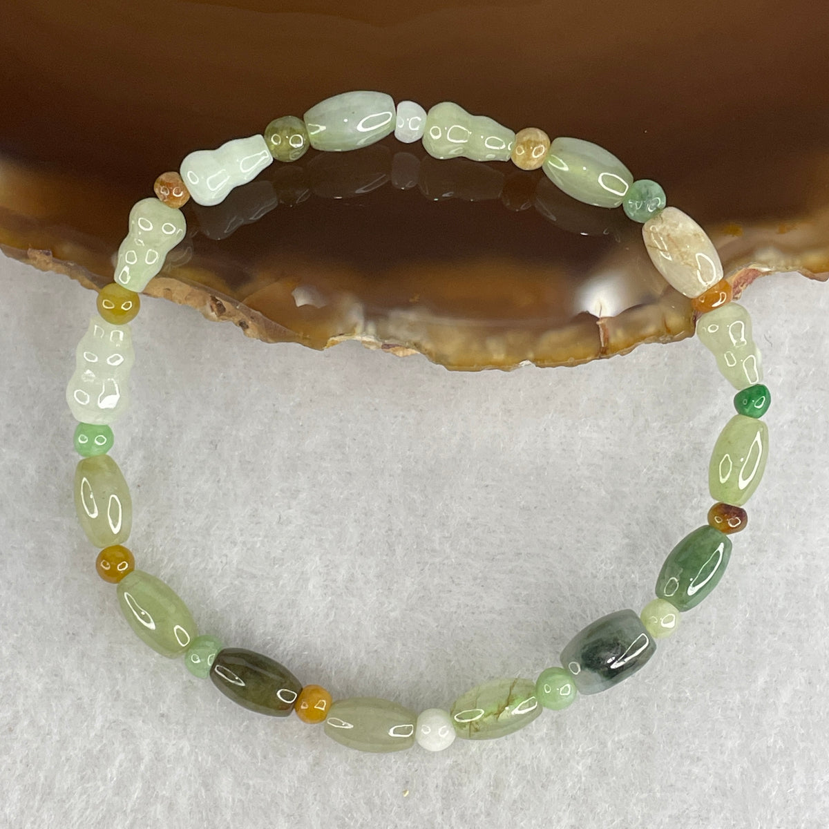 Natural Type A Green & Lavender Jadeite Barrel Beads Bracelet with Hulu Gourd Accent | 15cm with 16 Pcs 5.5mm (6.52g |  Heart, Crown & Root Chakra Balance, Auspicious Longevity & Wealth Abundance Shield)
