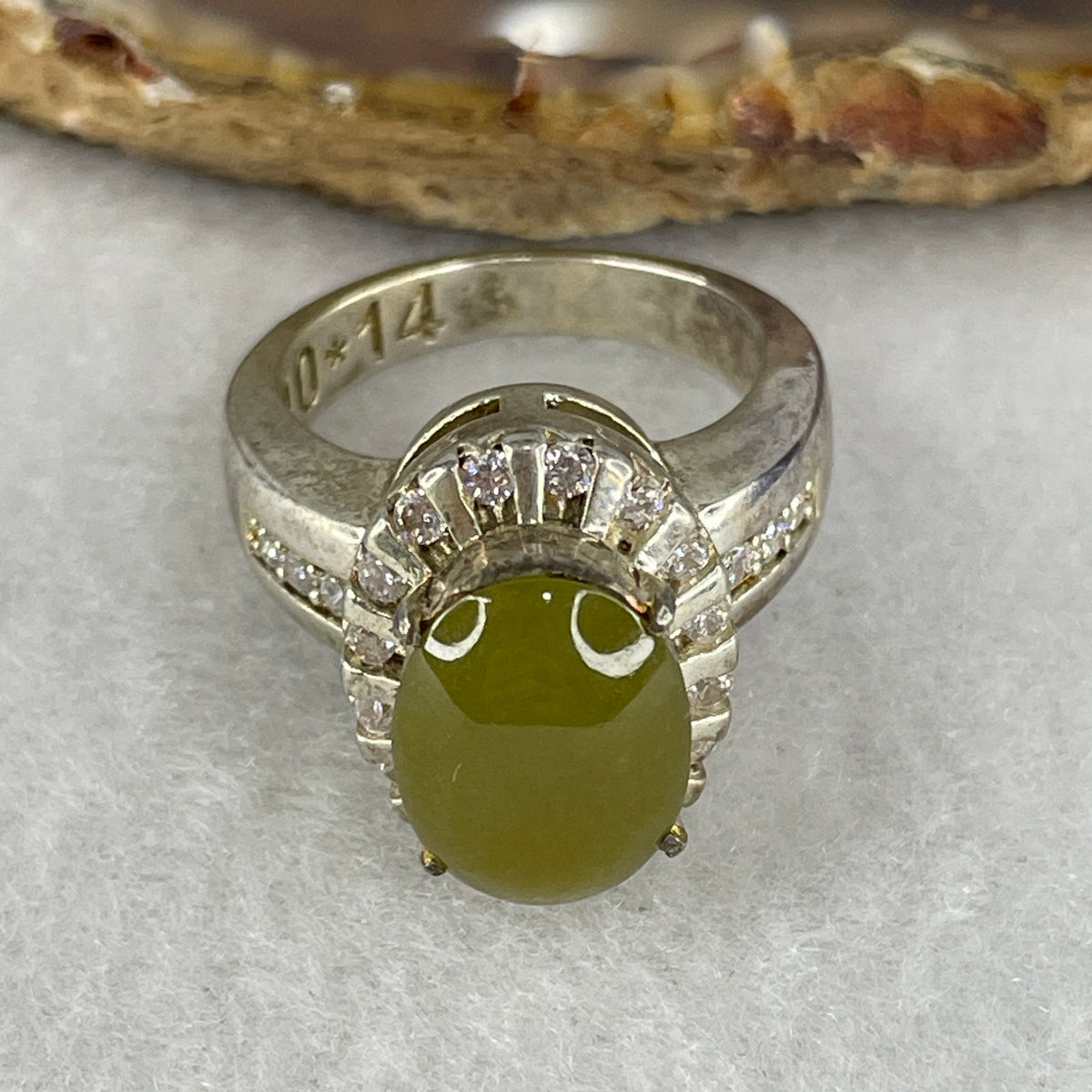 Natural Type A Brownish Yellow Jadeite Cabochon Ring on Mold | (13.44g 12.1x10.1x3.5mm | US 8.2 / HK 18.4 | Honey Gold Radiance, Windfall Wealth & Personal Power)