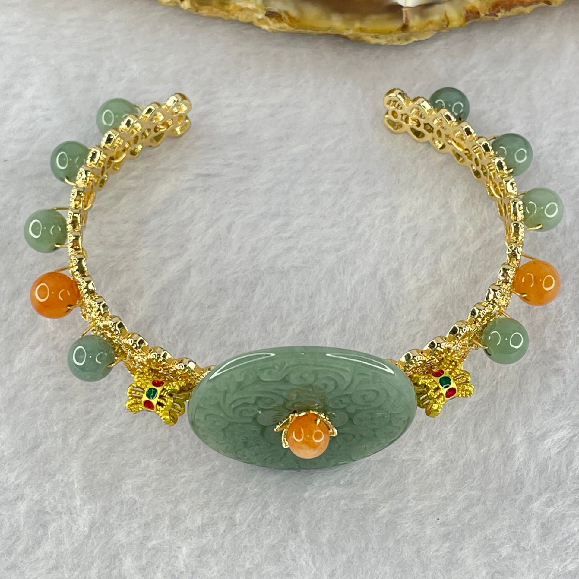 Type A Blueish Green Jadeite Floral Ping An Kou and Beads 18.64g 27.9 by 3.9mm 6.0mm 10 Beads - Huangs Jadeite and Jewelry Pte Ltd