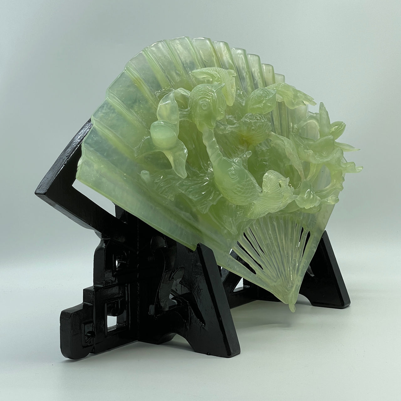 Natural Icy Green 4 Gold Fish with Lotus Flowers on Fan with wooden Stand Display 2,279.2g 400.0 by 170.0 by 245.0mm