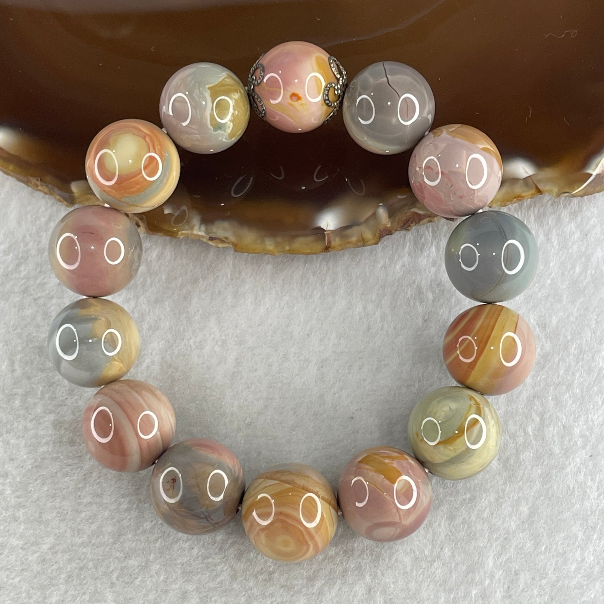 Natural Alashan Agate Greyish Pink Beads Bracelet 59.72g 16cm 15.0mm 14Beads - Huangs Jadeite and Jewelry Pte Ltd