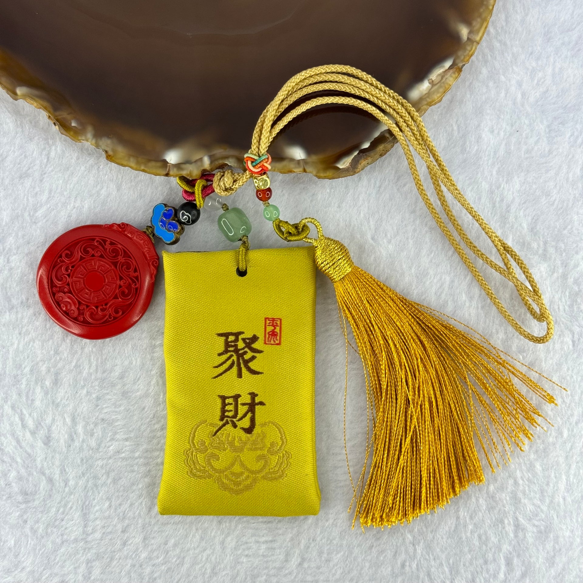 Natural Red Cinnabar Deer on Lotus Flower Pendent with Lucky Charm Bag for Good Wealth and Good Relationship 34.20g 33.2 by 30.9 by 7.5mm - Huangs Jadeite and Jewelry Pte Ltd