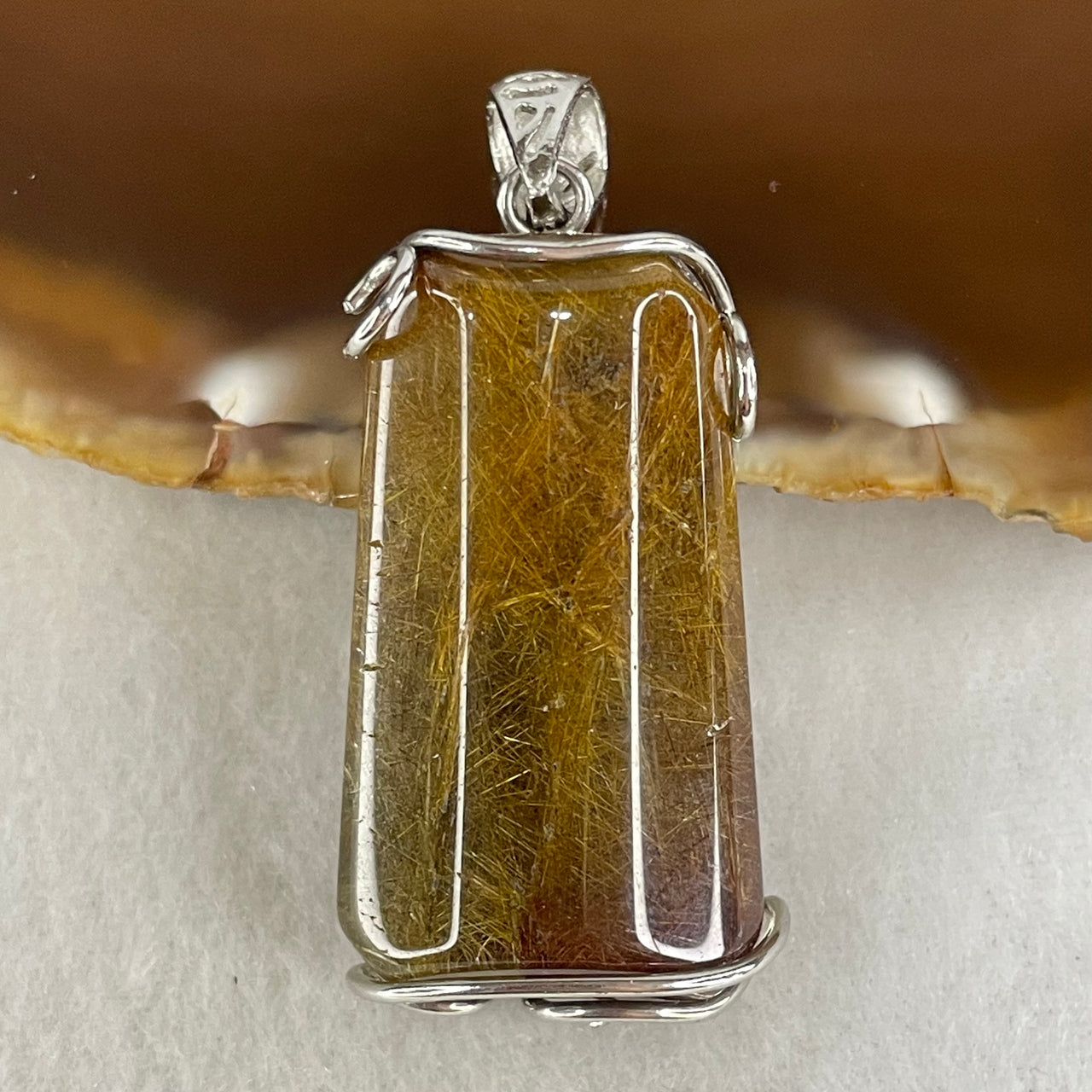 Good Grade Natural Copper Rutilated Quartz Rectangle Shape in S925 Silver Pendant 16.69g 35.0 by 19.8 by 12.9mm - Huangs Jadeite and Jewelry Pte Ltd