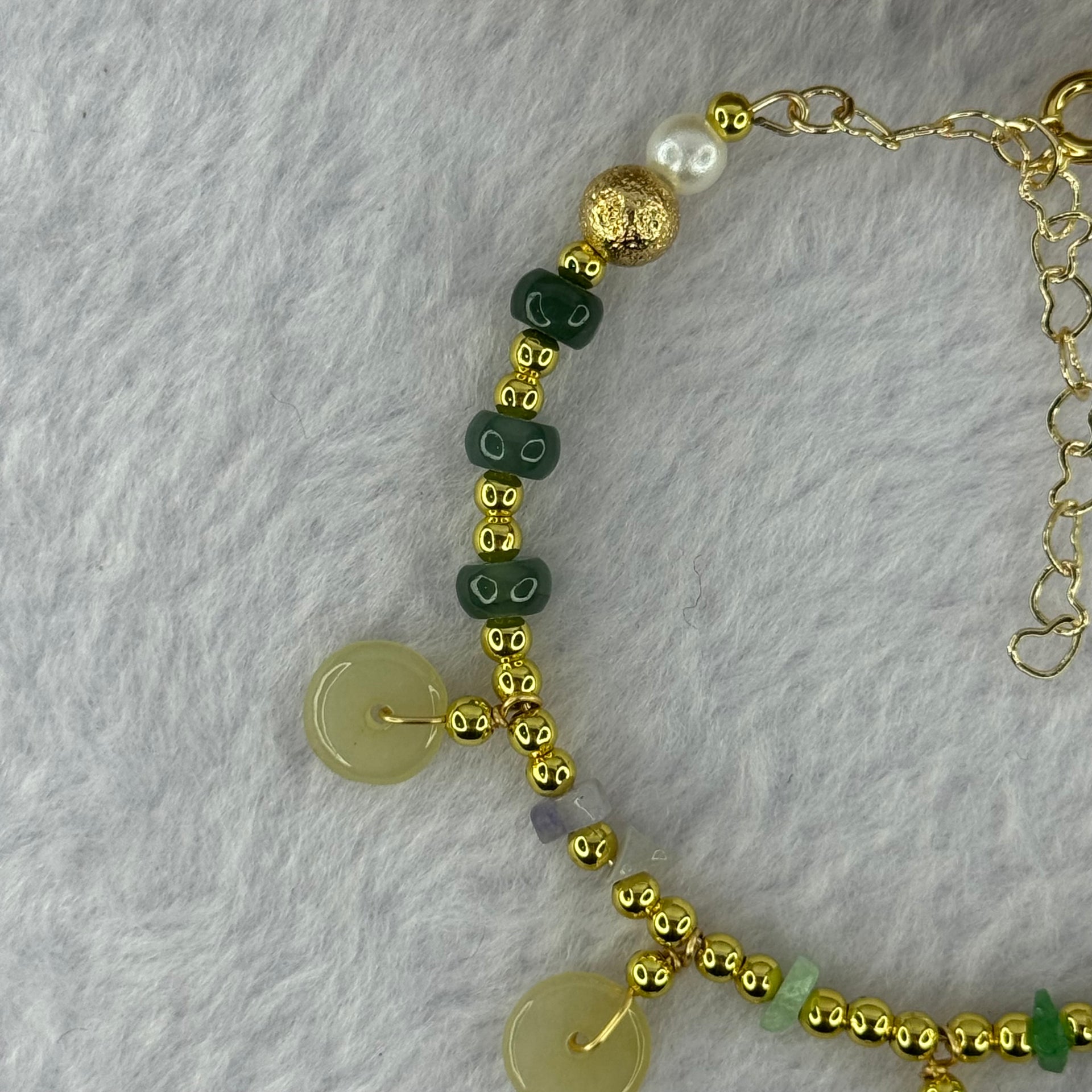 Type A Yellowish Green Donuts 9.6 by 2.6mm 5pcs, Blueish Green, Green and Lavender Jadeite Bracelet 7.26g - Huangs Jadeite and Jewelry Pte Ltd