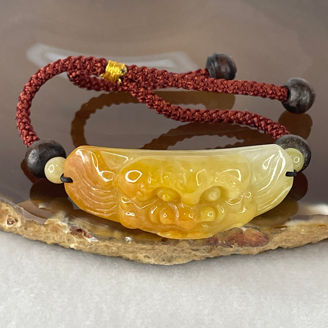 Certified Natural Type A Brownish & Light Green Jadeite Guardian Lion Face Bracelet | Premium Adjustable Heavy Cord Strand | Authentic Myanmar Feicui "Rui Shi" Supreme Protection Talisman (15.77g | 47.1x16.8x10.8mm )