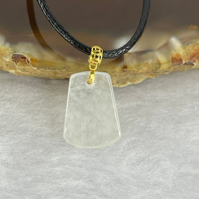 18K Yellow Gold Mini ICY Type A Faint Green Jadeite Wu Shi Pai 无事牌 with String Necklace 1.74g 13.5 by 8.8 by 3.5mm - Huangs Jadeite and Jewelry Pte Ltd