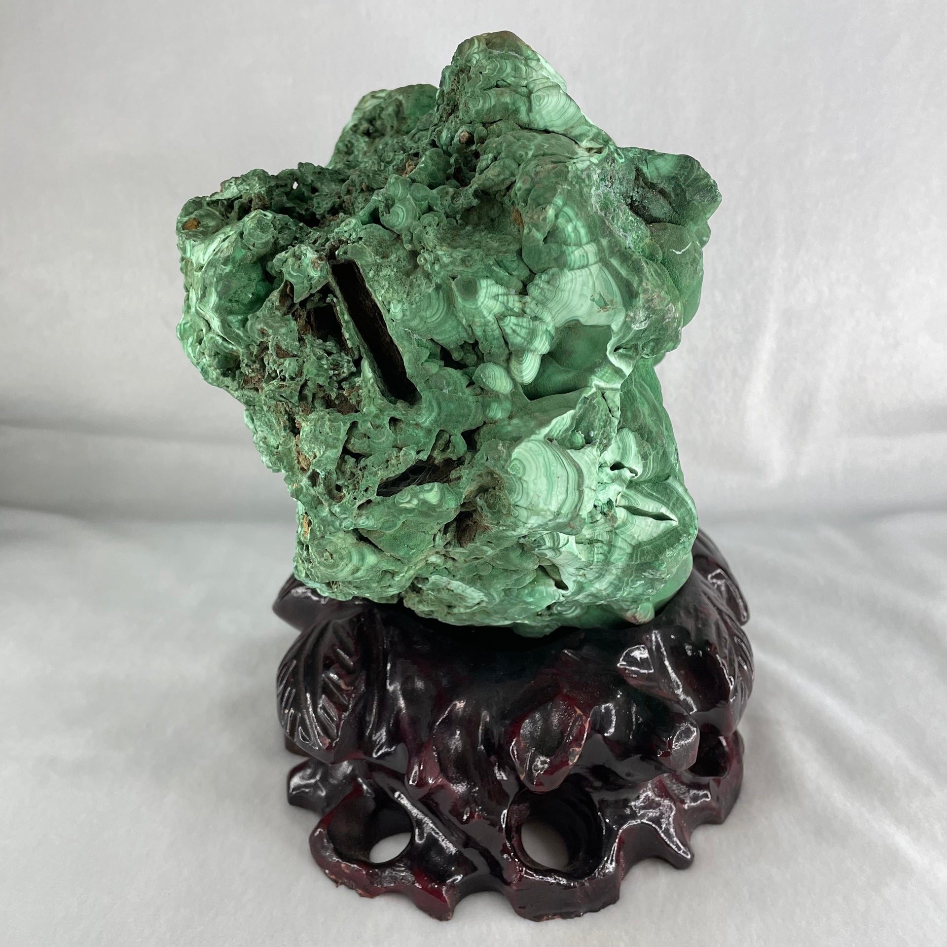 Natural Malachite with Wooden Stand Display 6,768.1g 210.0 by 150.0 by 200.0mm - Huangs Jadeite and Jewelry Pte Ltd