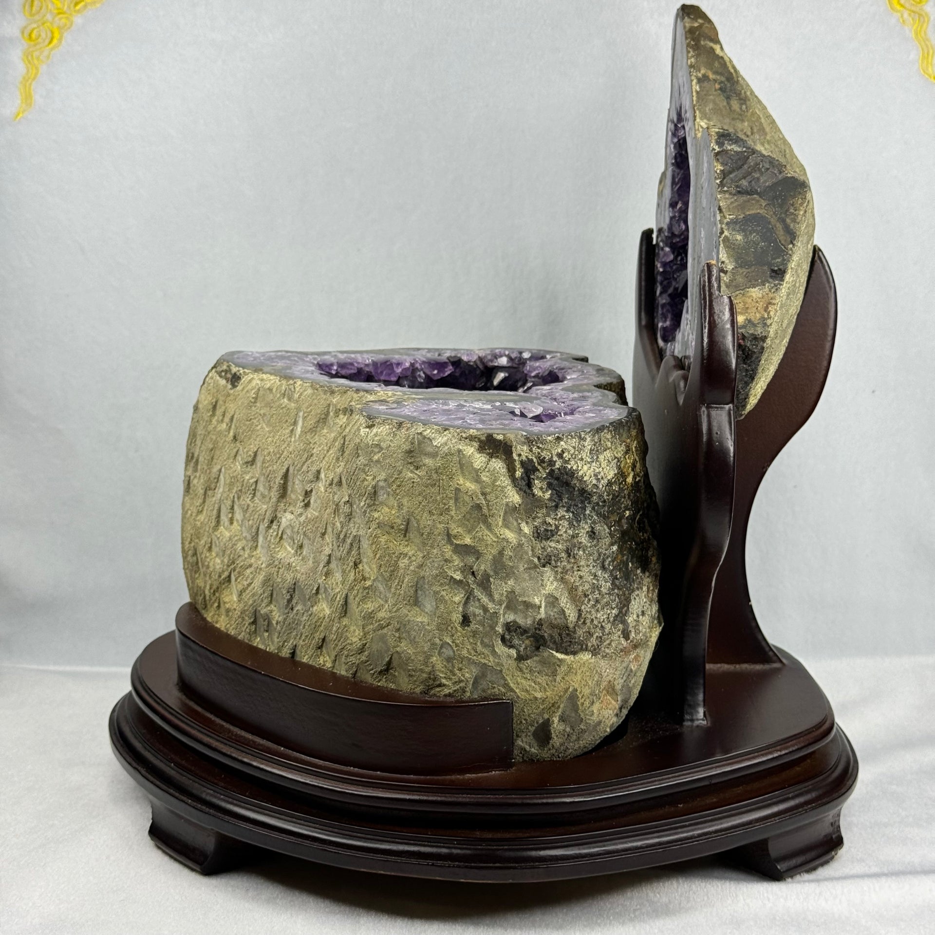 Natural Uruguay Amethyst Double Wealth Pot Cave Display with Wooden Stand 天然乌拉圭紫水晶洞摆件带木架 8,460.3g 260.0 by 300.0 by Heigh 300.0mm - Huangs Jadeite and Jewelry Pte Ltd