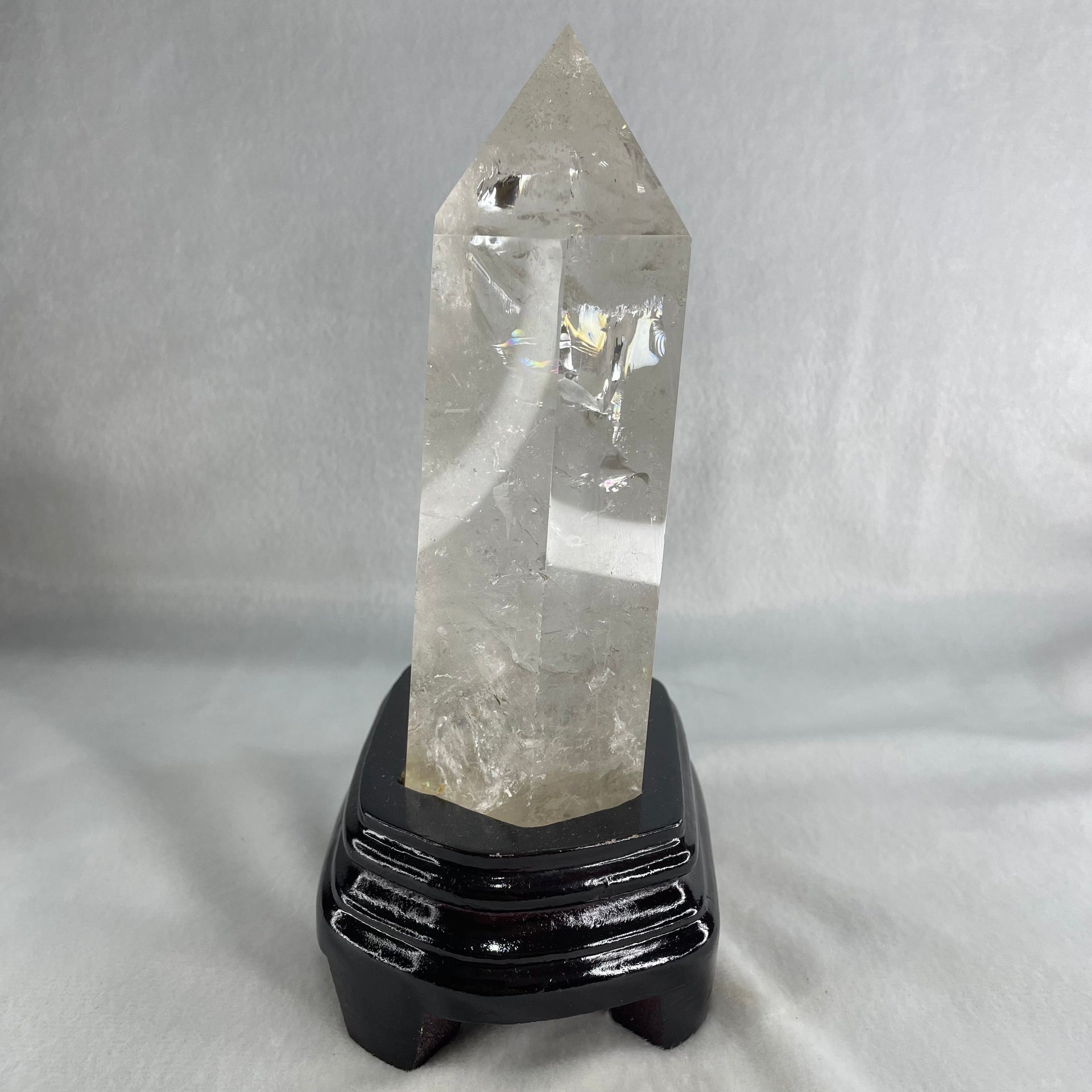 Natural Clear Quartz Tower with Wooden Stand Display 1188.6g 118.0 by 886 by 185.0mm - Huangs Jadeite and Jewelry Pte Ltd
