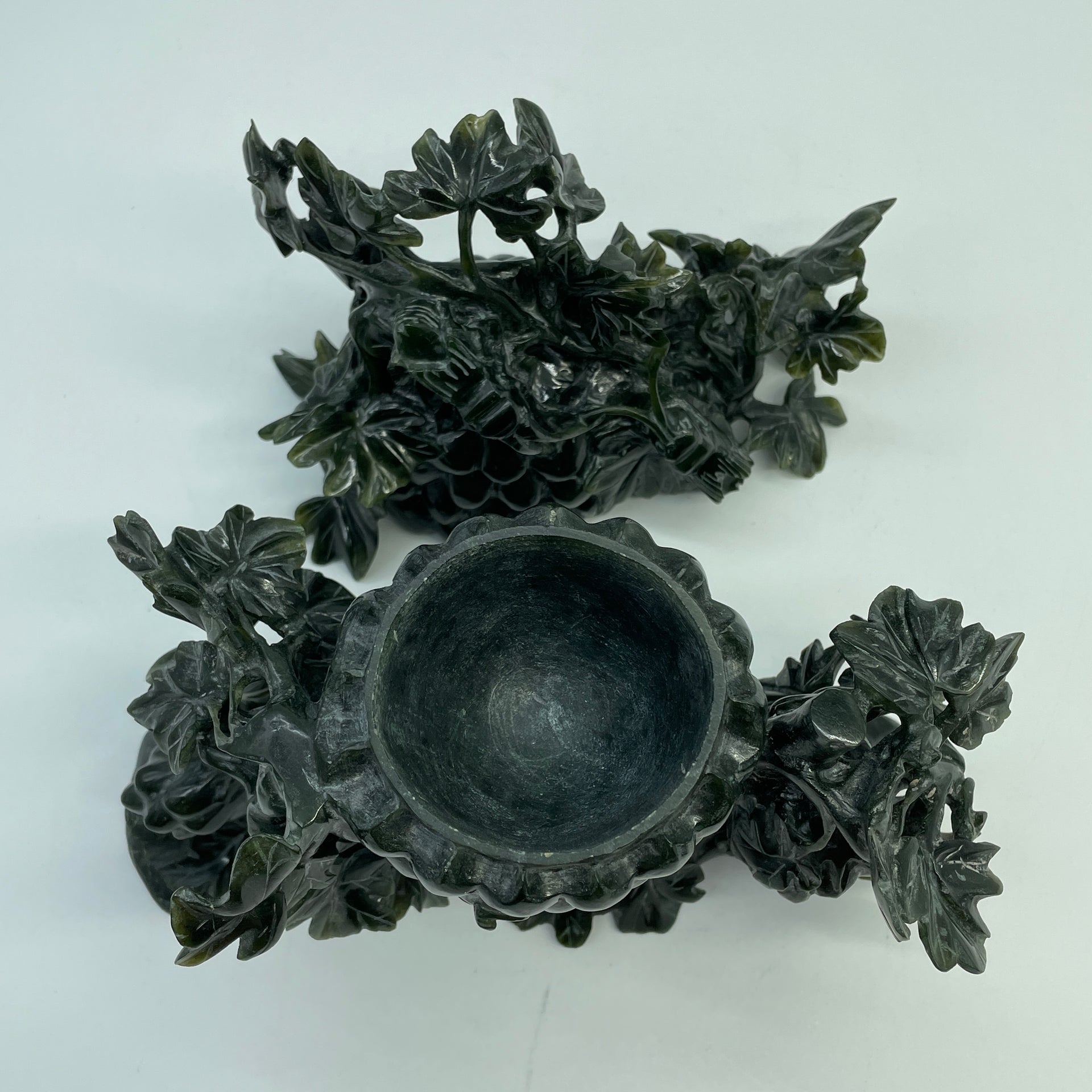 Natural Dark Green Nephrite Cricket Pair on Grapes Plant with Wooden Display 2,429.6g 241.0 by 100.0 by 260.0mm - Huangs Jadeite and Jewelry Pte Ltd