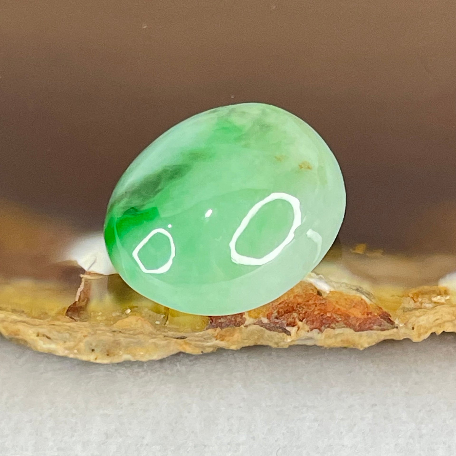 Type A Light Green and Spicy Green Piao Hua Jadeite Cabouchon Stone For Setting 3.88g 17.5 by 14.3 by 8.7mm - Huangs Jadeite and Jewelry Pte Ltd